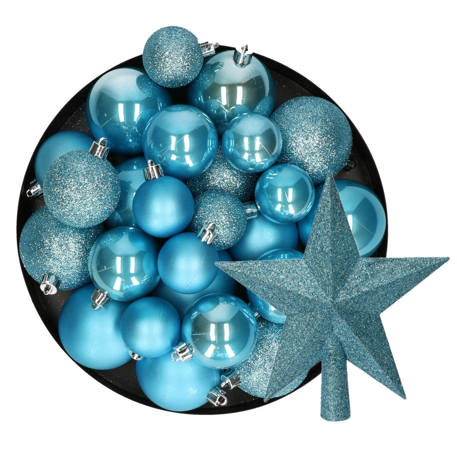Kerstversiering 30x kerstballen en ster piek ijsblauw kunststof Kerstbal