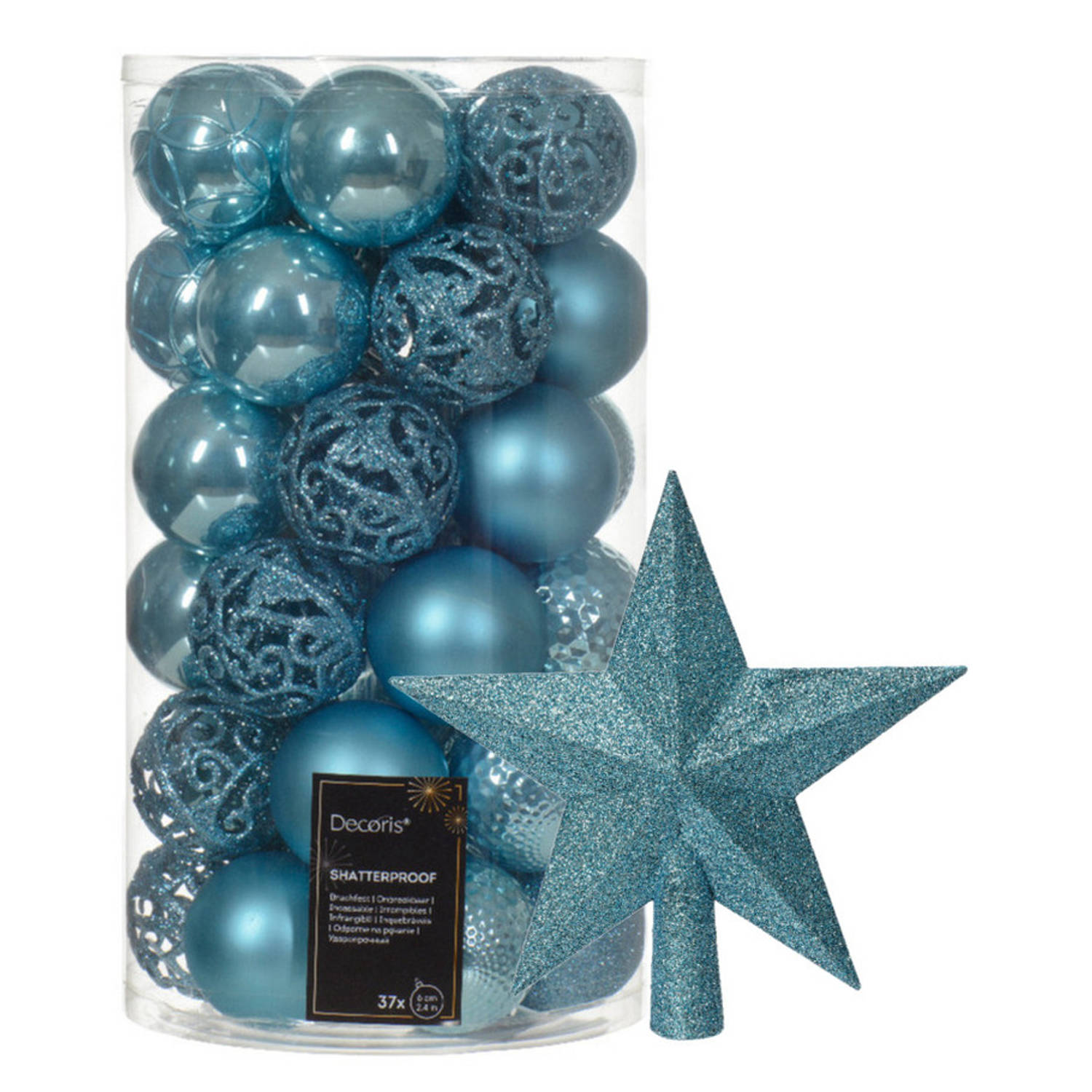 Kerstversiering 37x kerstballen en ster piek ijsblauw kunststof Kerstbal