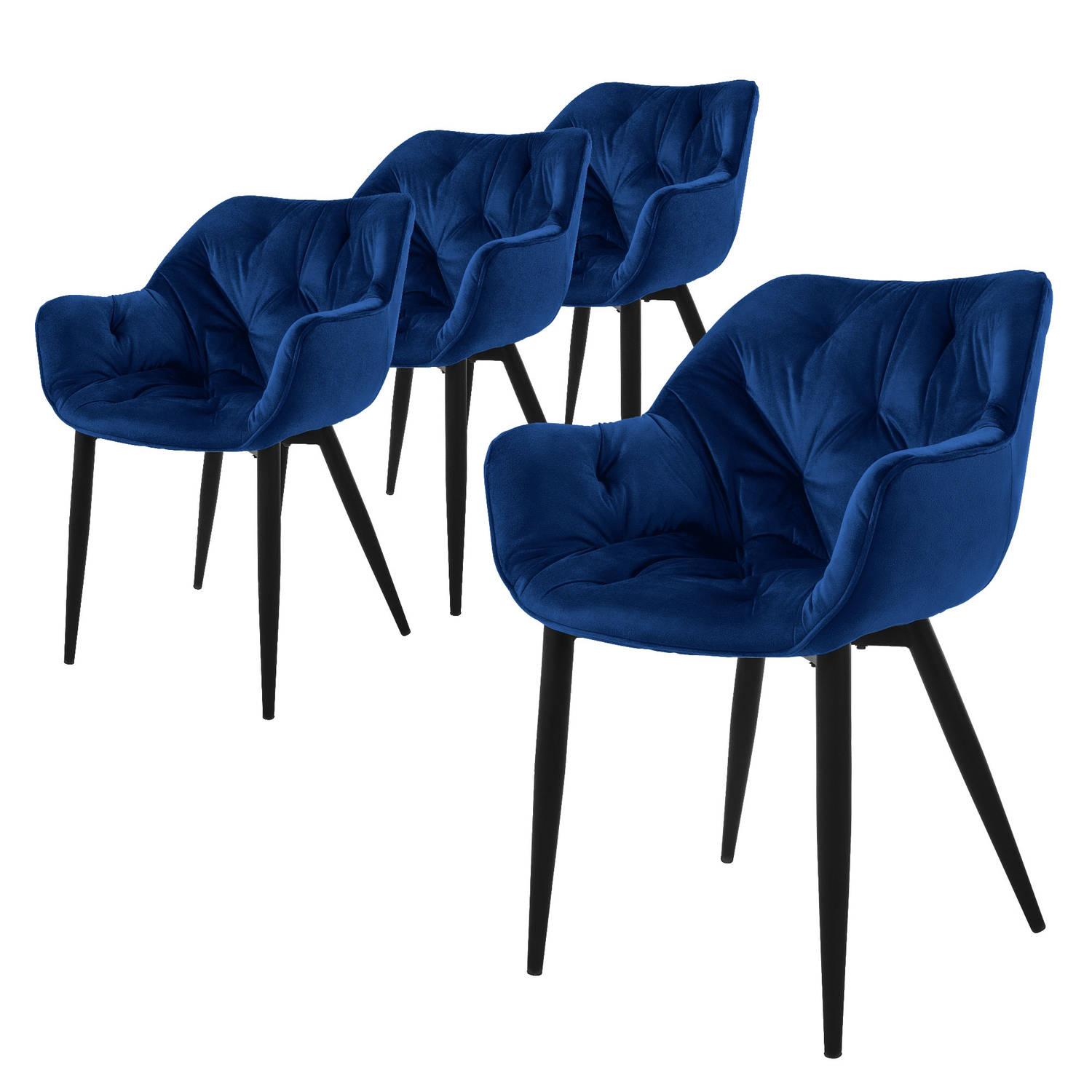 ML-Design eetkamerstoelen set van 4 donkerblauw, keukenstoel met dikke fluwelen gestoffeerde zitting, metalen poten, woonkamerstoel met rugleuning en armleuningen, gewatteerde gest