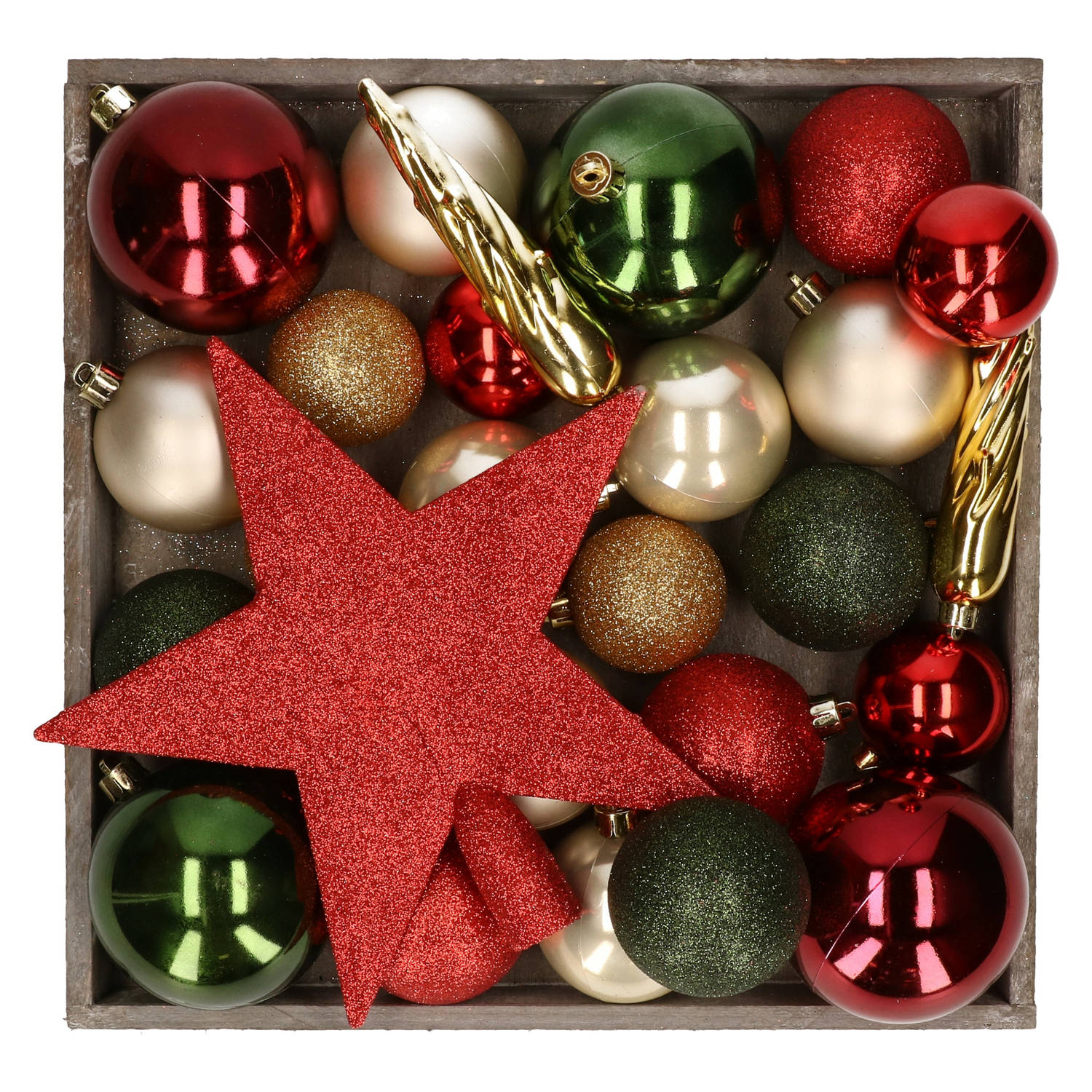 Kunststof kerstballen 45x stuks met ster piek groen,creme,rood Kerstbal