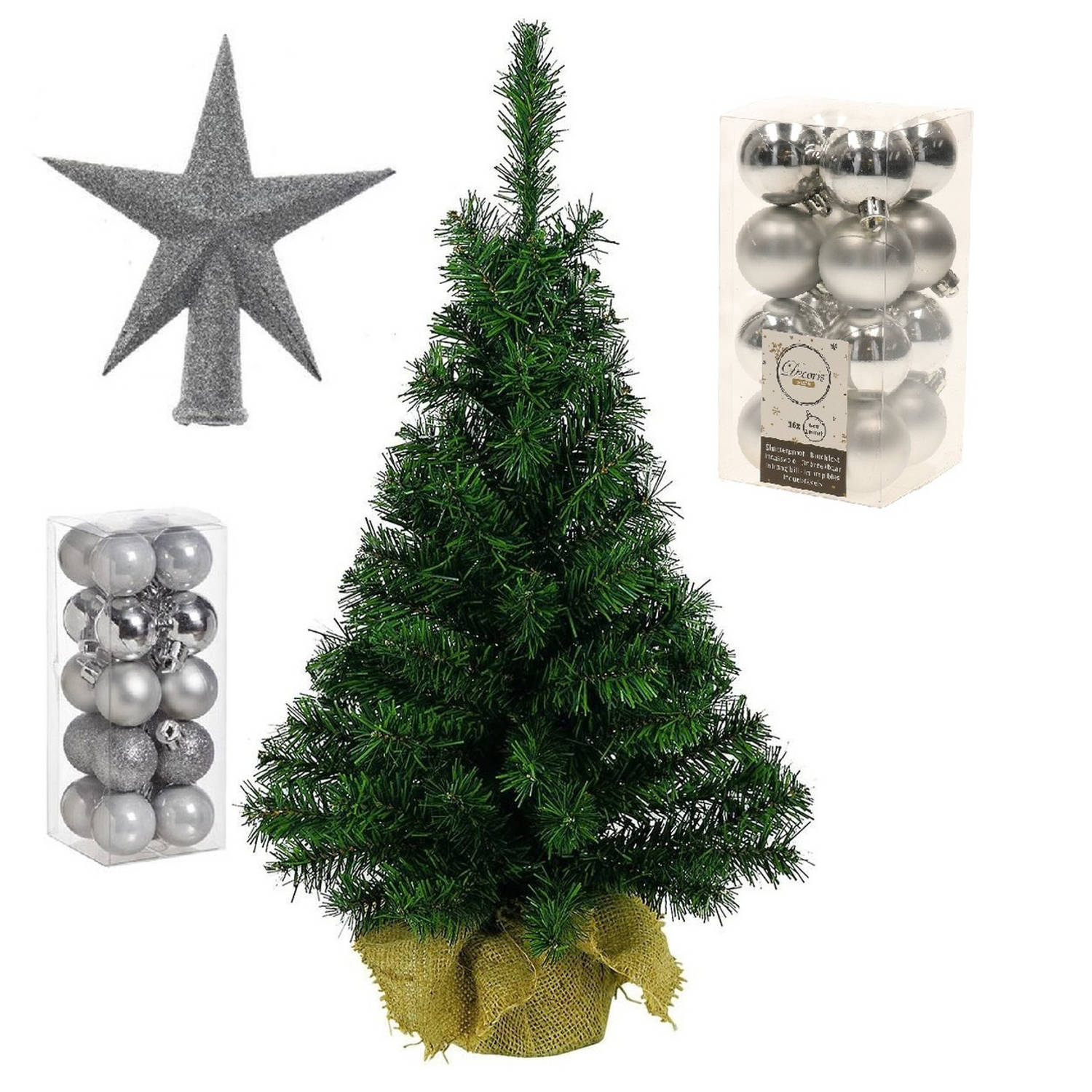 Volle kunst kerstboom 75 cm in jute zak inclusief zilveren versiering 37-delig Kunstkerstboom