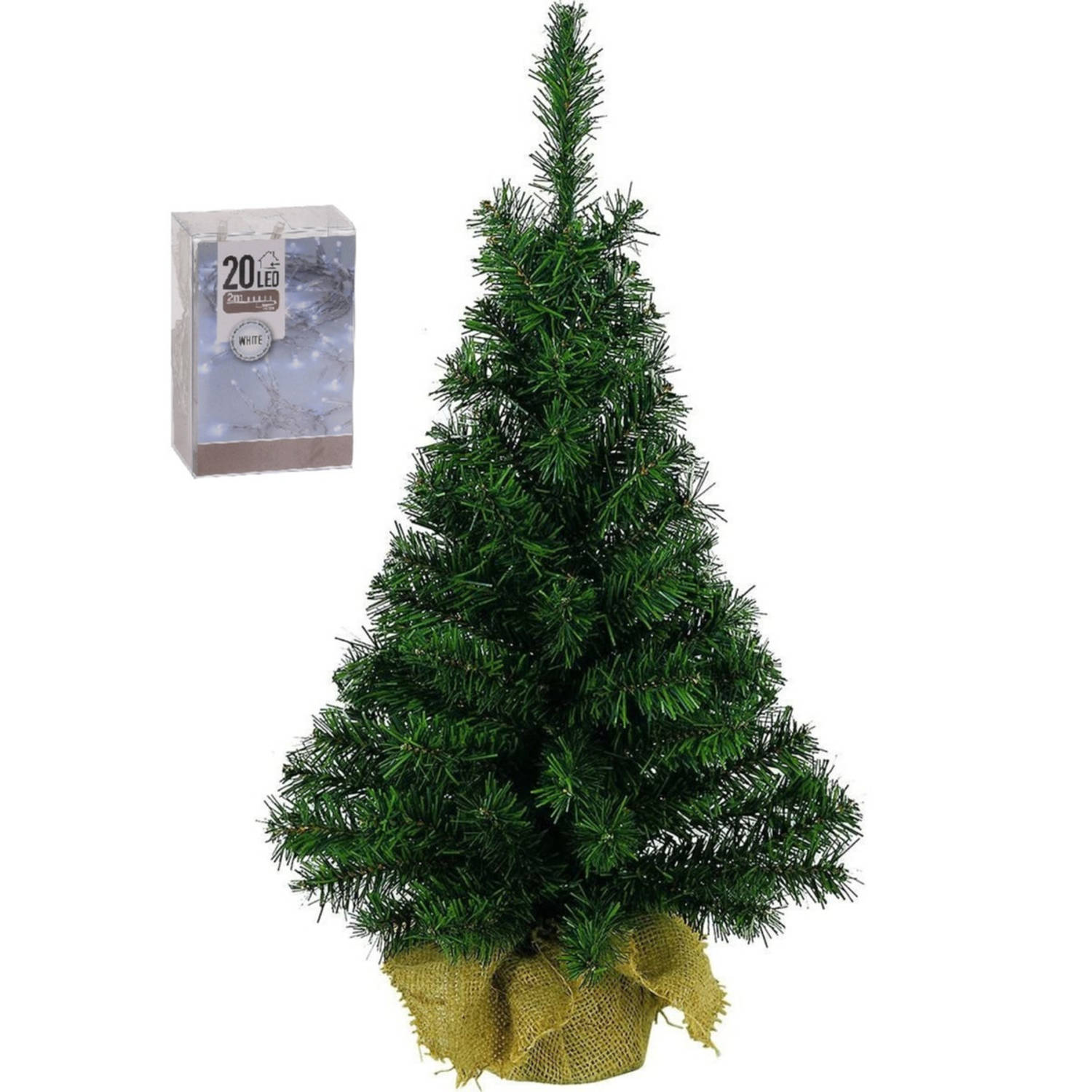 Volle kunst kerstboom 45 cm in jute zak inclusief 20 helder witte lampjes Kunstkerstboom