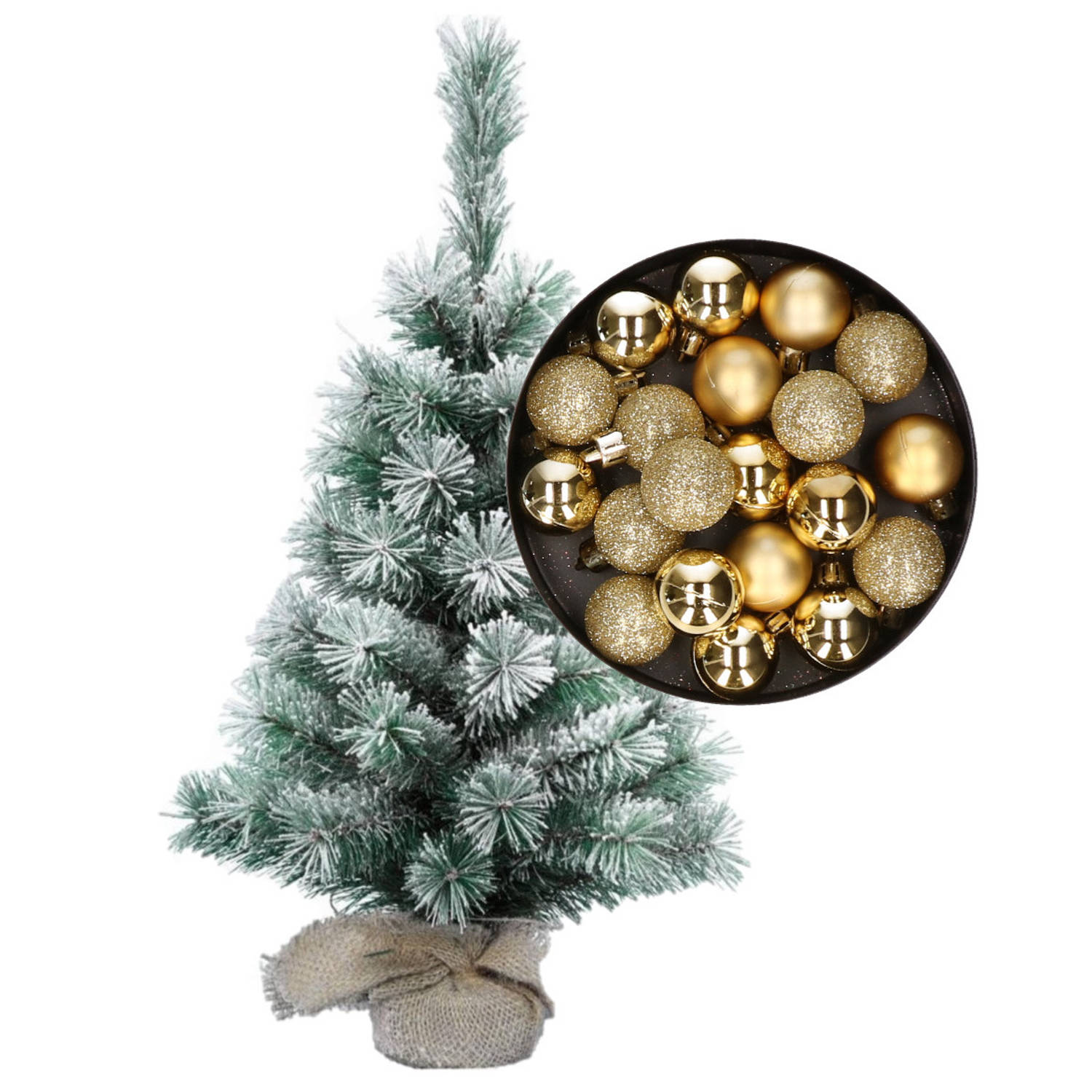 Besneeuwde mini kerstboom-kunst kerstboom 35 cm met kerstballen goud Kunstkerstboom