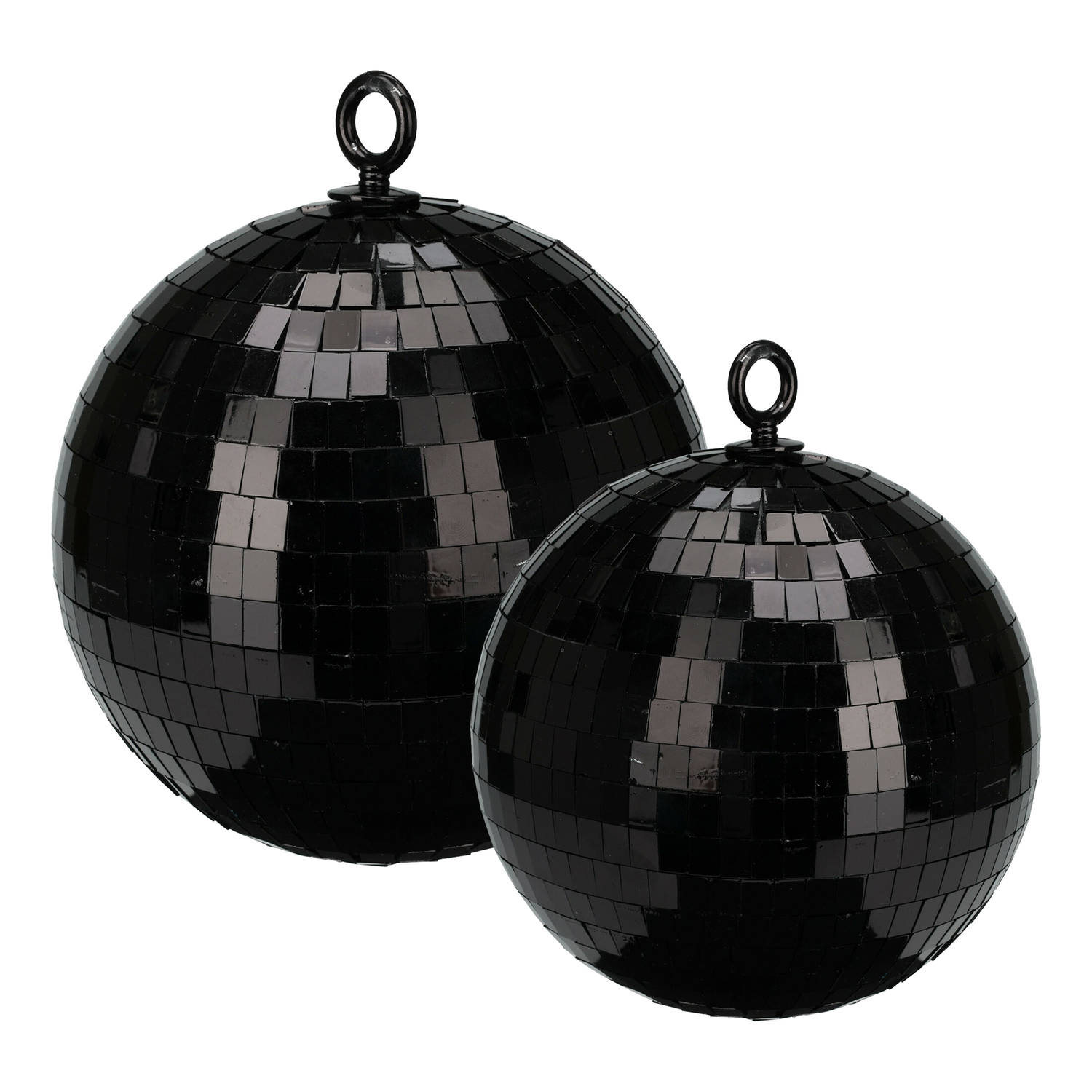Grote discobal kerstballen 2x stuks zwart 15 en 18 cm kunststof Kerstbal