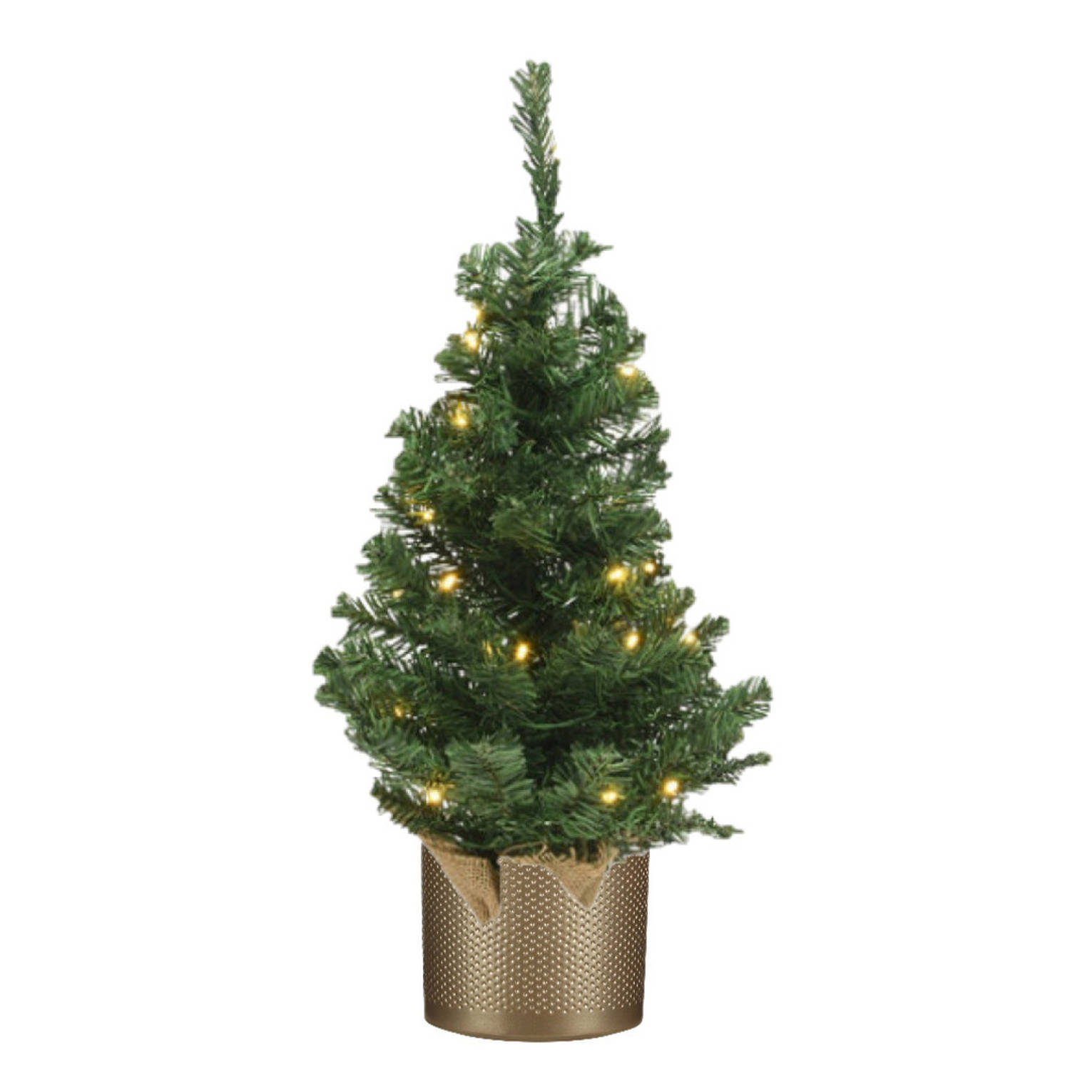 Kunst kerstboom-kunstboom 75 cm met verlichting inclusief gouden pot Kunstkerstboom