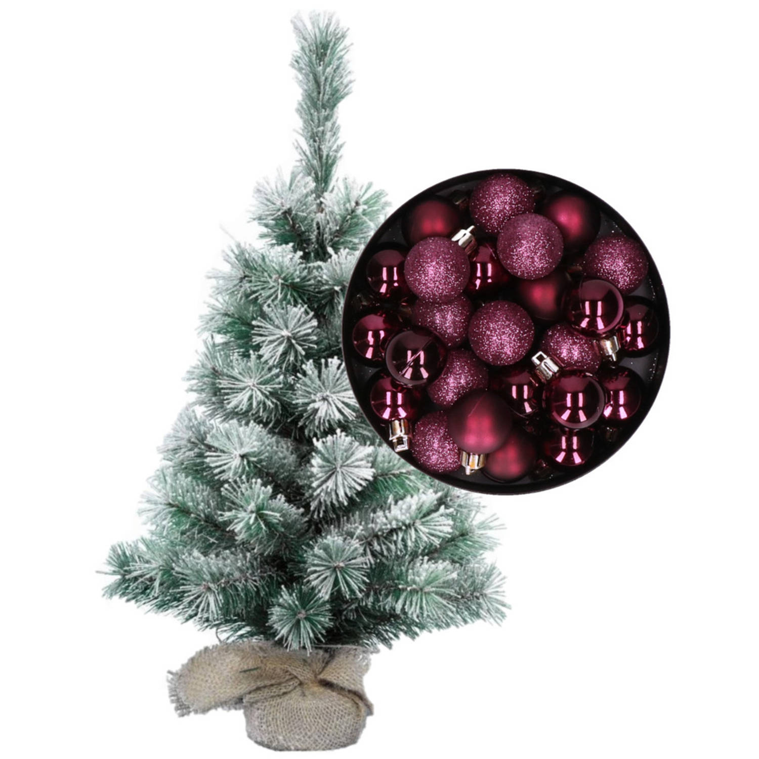 Besneeuwde mini kerstboom-kunst kerstboom 35 cm met kerstballen aubergine paars Kunstkerstboom