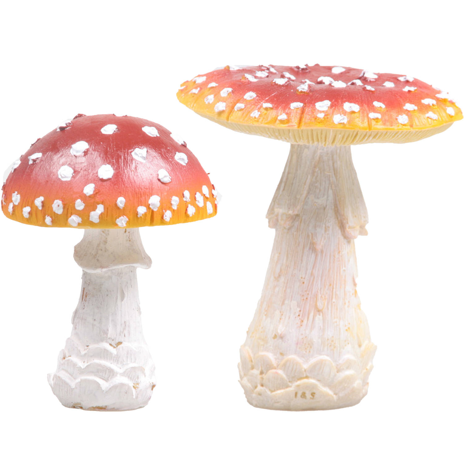 Decoratie paddenstoelen setje met 2x vliegenzwam paddenstoelen herfst thema Tuinbeelden