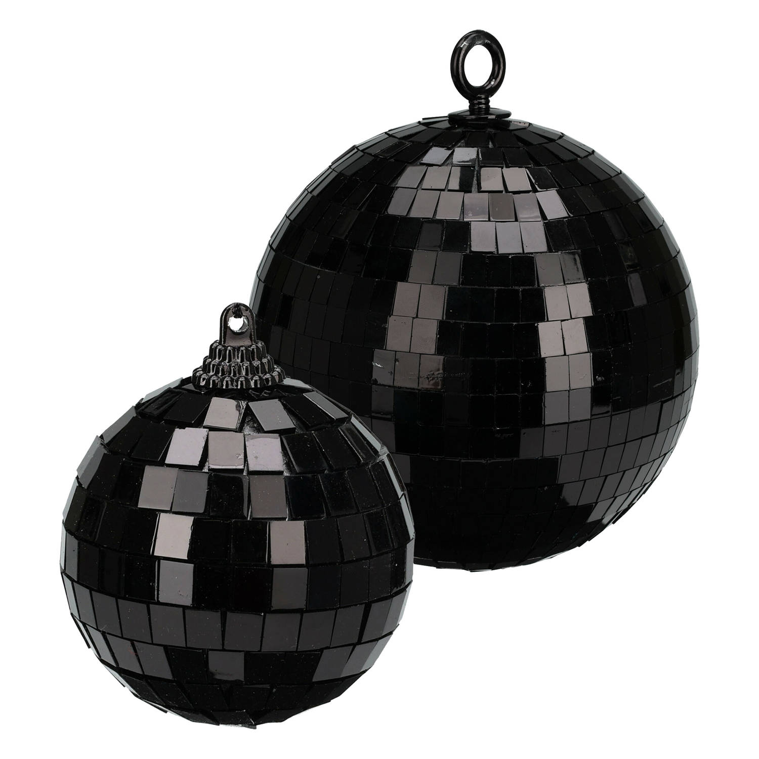 Grote discobal kerstballen 2x stuks zwart 12 en 15 cm kunststof Kerstbal