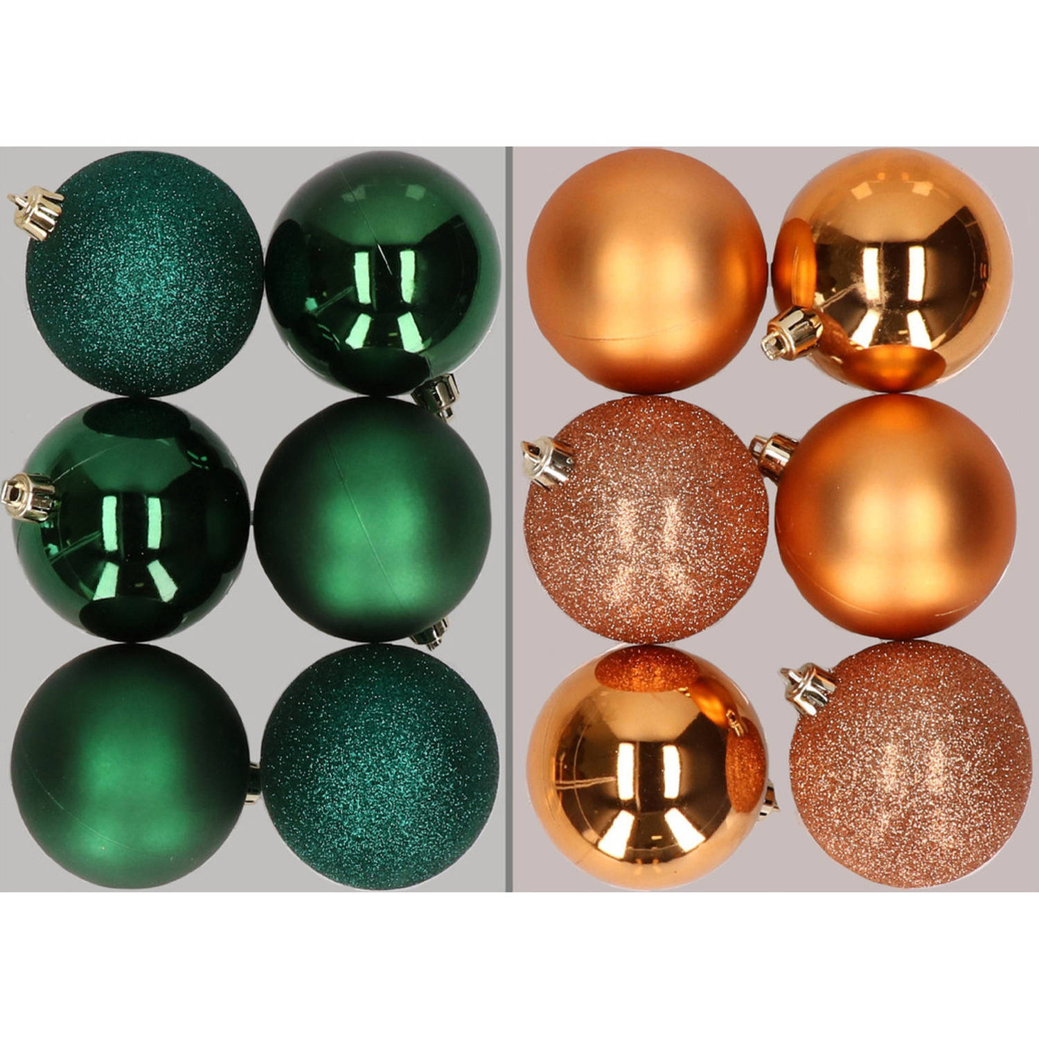 12x stuks kunststof kerstballen mix van donkergroen en koper 8 cm Kerstbal