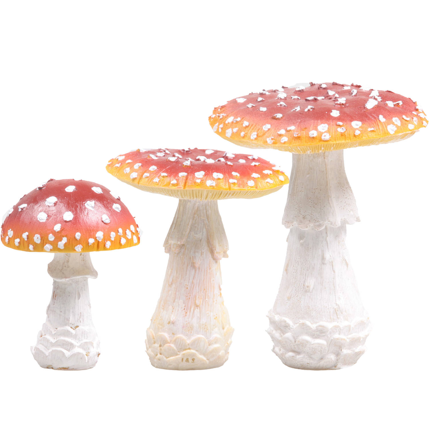 Decoratie paddenstoelen setje met 3x vliegenzwam paddenstoelen herfst thema Tuinbeelden