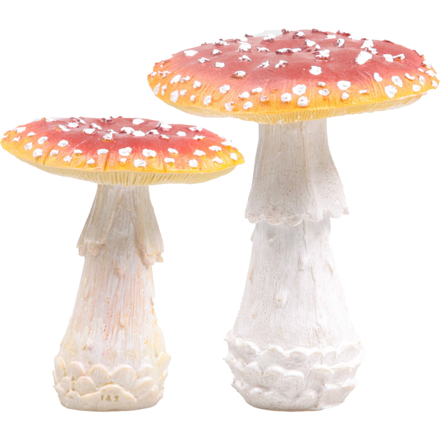 Decoratie paddenstoelen setje met 2x vliegenzwam paddenstoelen herfst thema Tuinbeelden