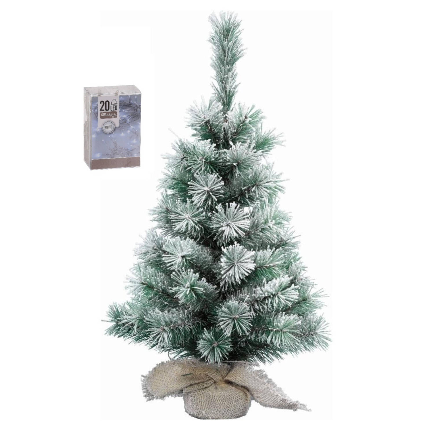 Kunst kerstboom met sneeuw 35 cm in jute zak inclusief 20 helder witte lampjes Kunstkerstboom
