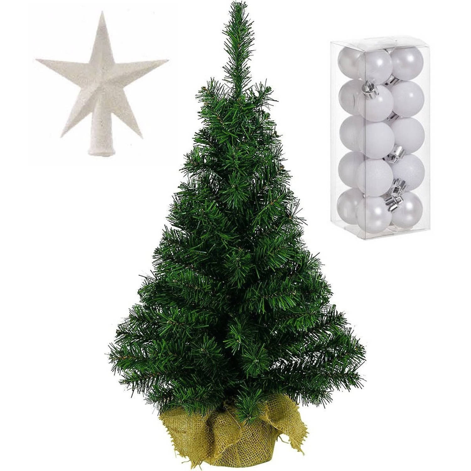 Volle kunst kerstboom 45 cm in jute zak inclusief witte versiering 21-delig Kunstkerstboom