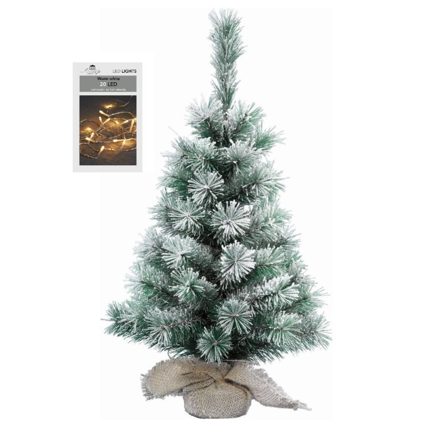 Kunst kerstboom met sneeuw 35 cm in jute zak inclusief 20 warm witte lampjes Kunstkerstboom