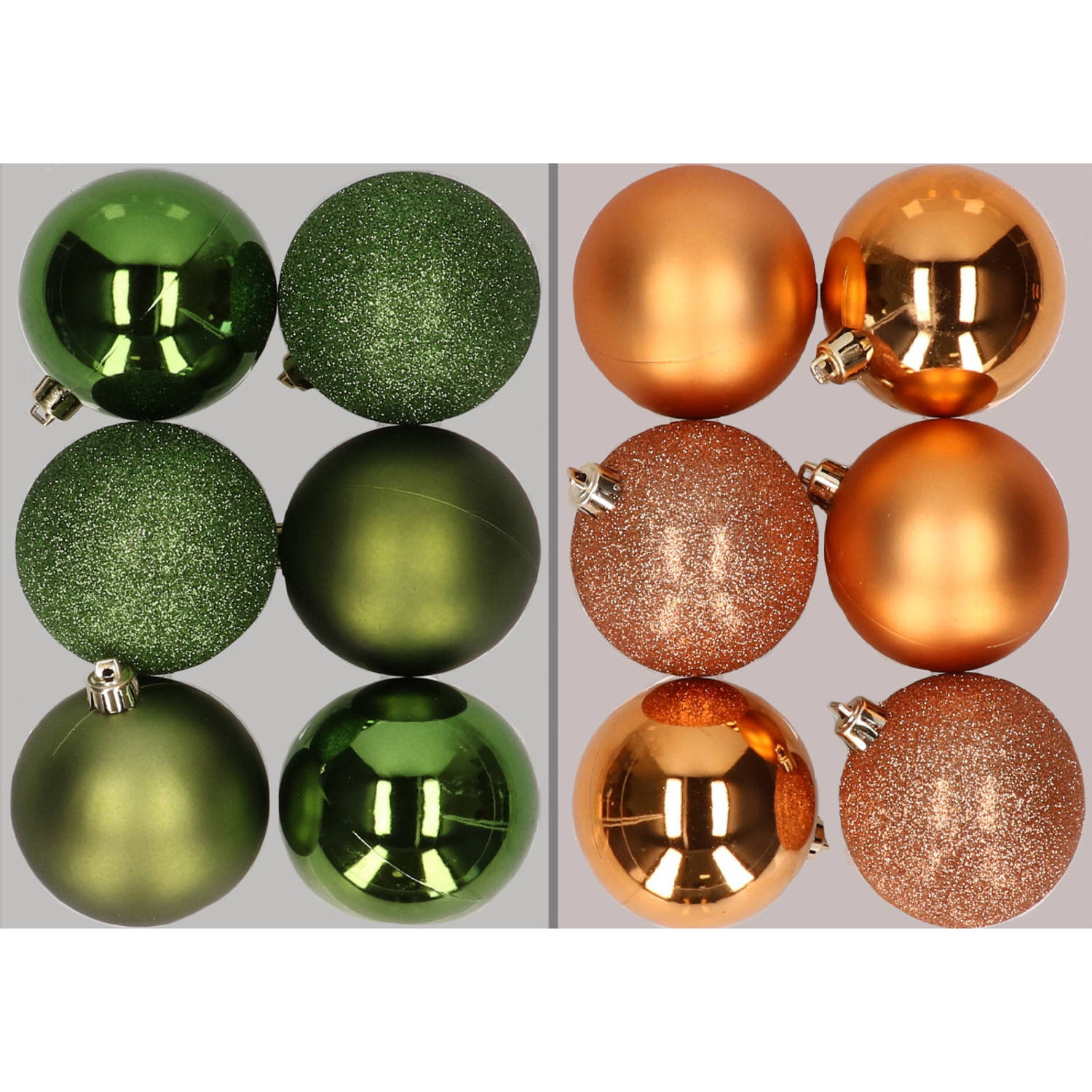 12x stuks kunststof kerstballen mix van appelgroen en koper 8 cm Kerstbal