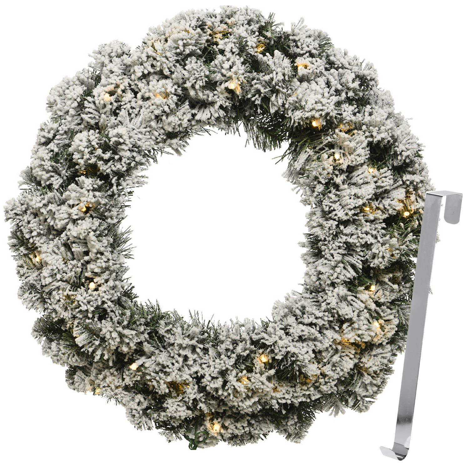 Kerstkrans 50 cm groen met led besneeuwd met zilveren hanger-ophanghaak Kerstkransen