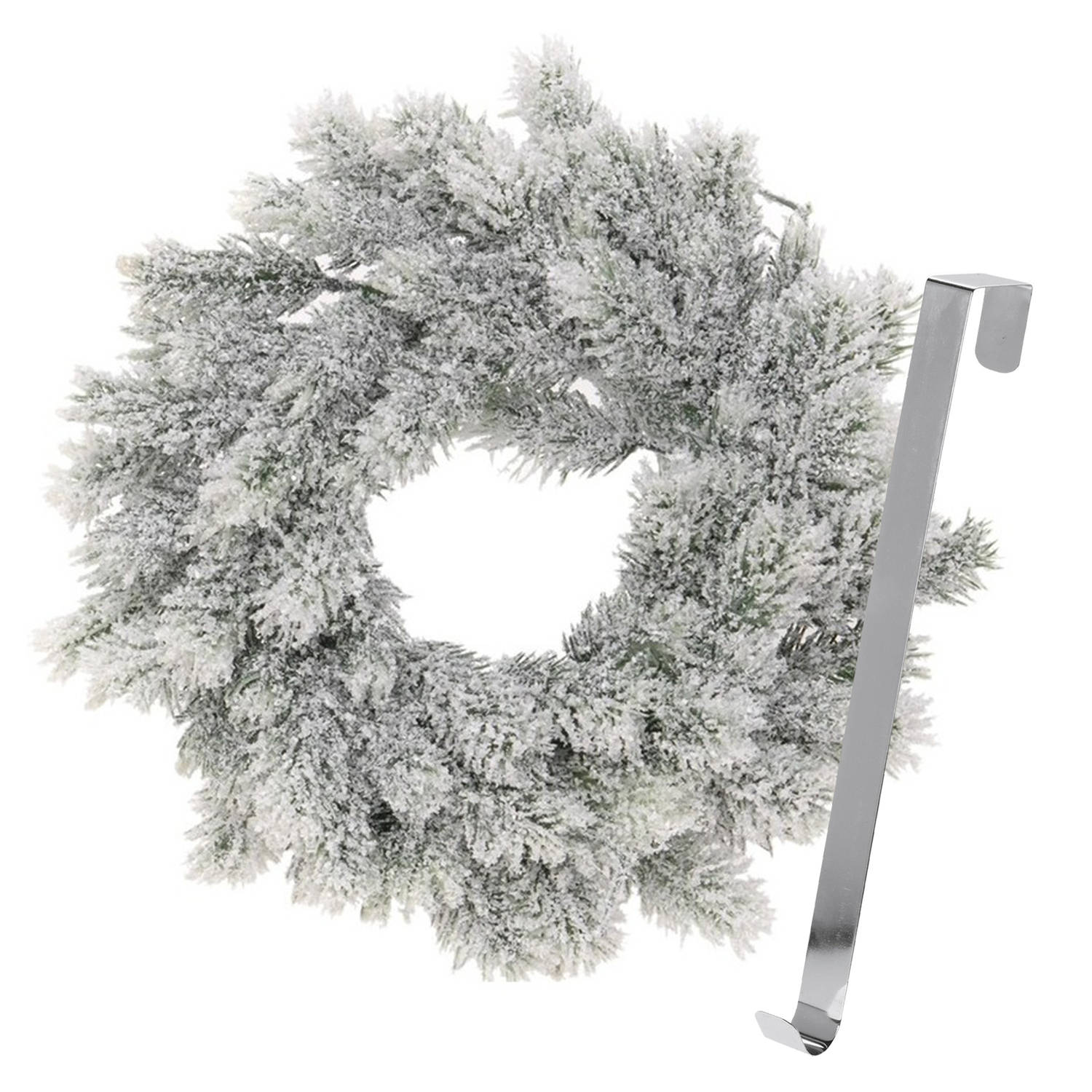 Kerstkrans 35 cm groen besneeuwd met zilveren hanger-ophanghaak kerstversiering Kerstkransen