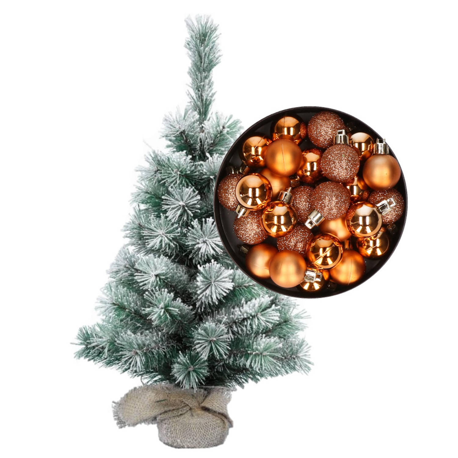 Besneeuwde mini kerstboom-kunst kerstboom 35 cm met kerstballen koper Kunstkerstboom