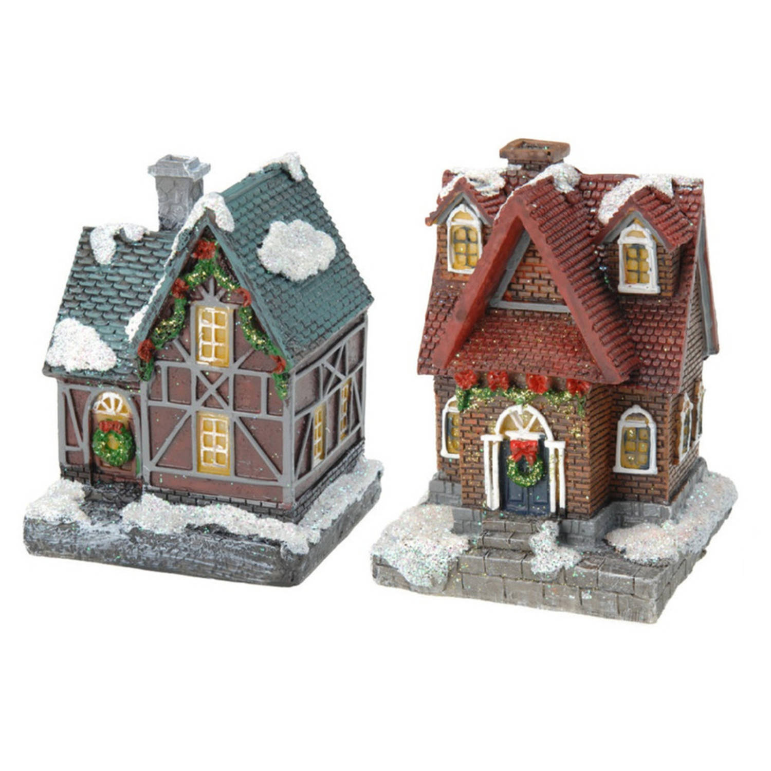 2x Kersthuisjes-kerstdorpje met gekleurde verlichting 13 cm Kerstdorpen