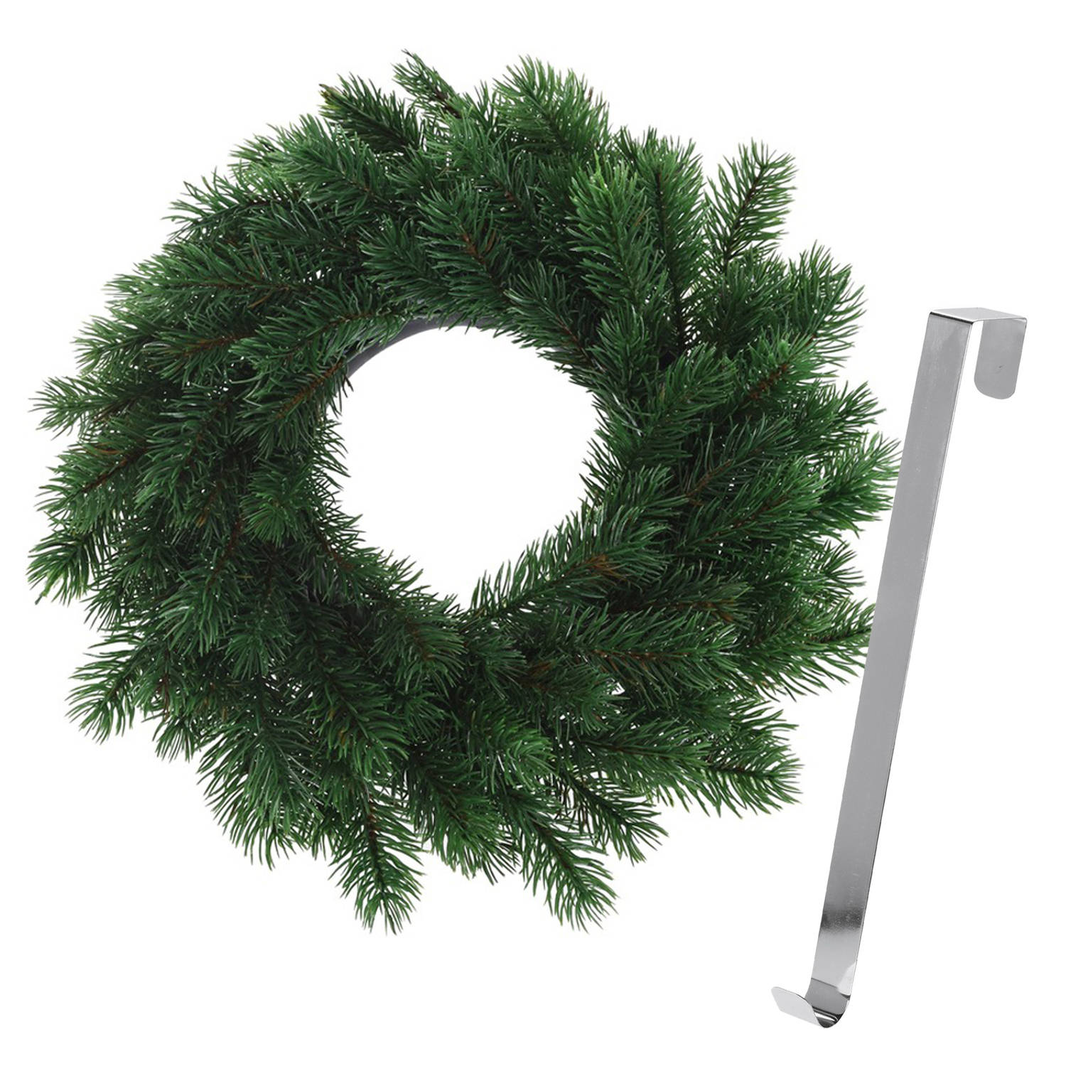 Kerstkrans 35 cm groen met zilveren hanger-ophanghaak kerstversiering Kerstkransen