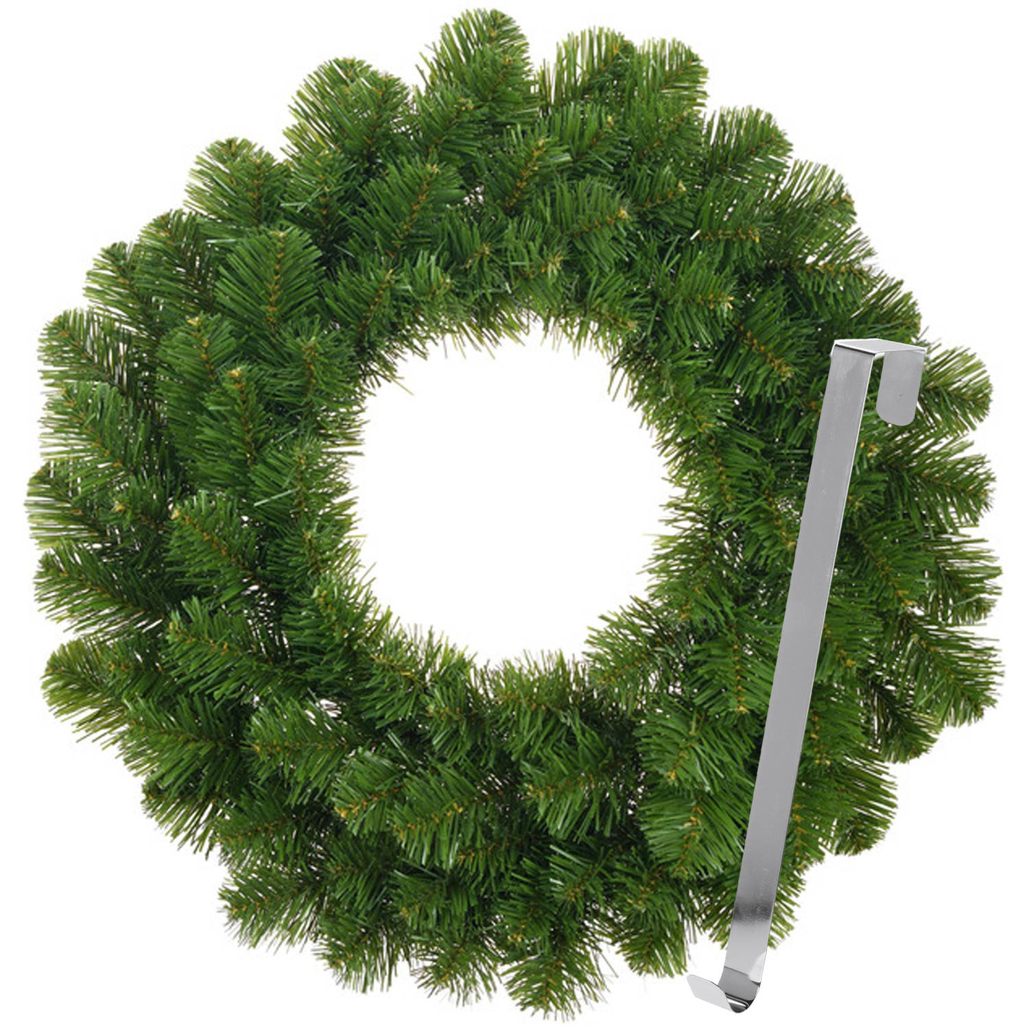 Kerstkrans 45 cm groen met zilveren hanger-ophanghaak kerstversiering Kerstkransen