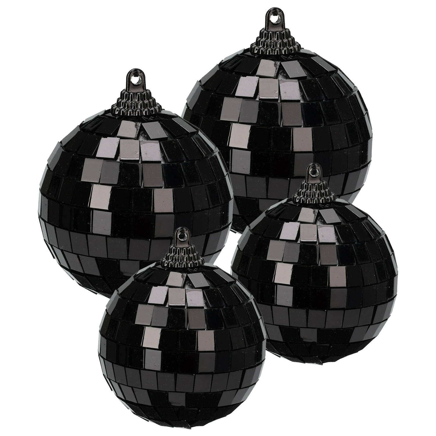 Grote discobal kerstballen 4x stuks zwart 8 en 10 cm kunststof Kerstbal