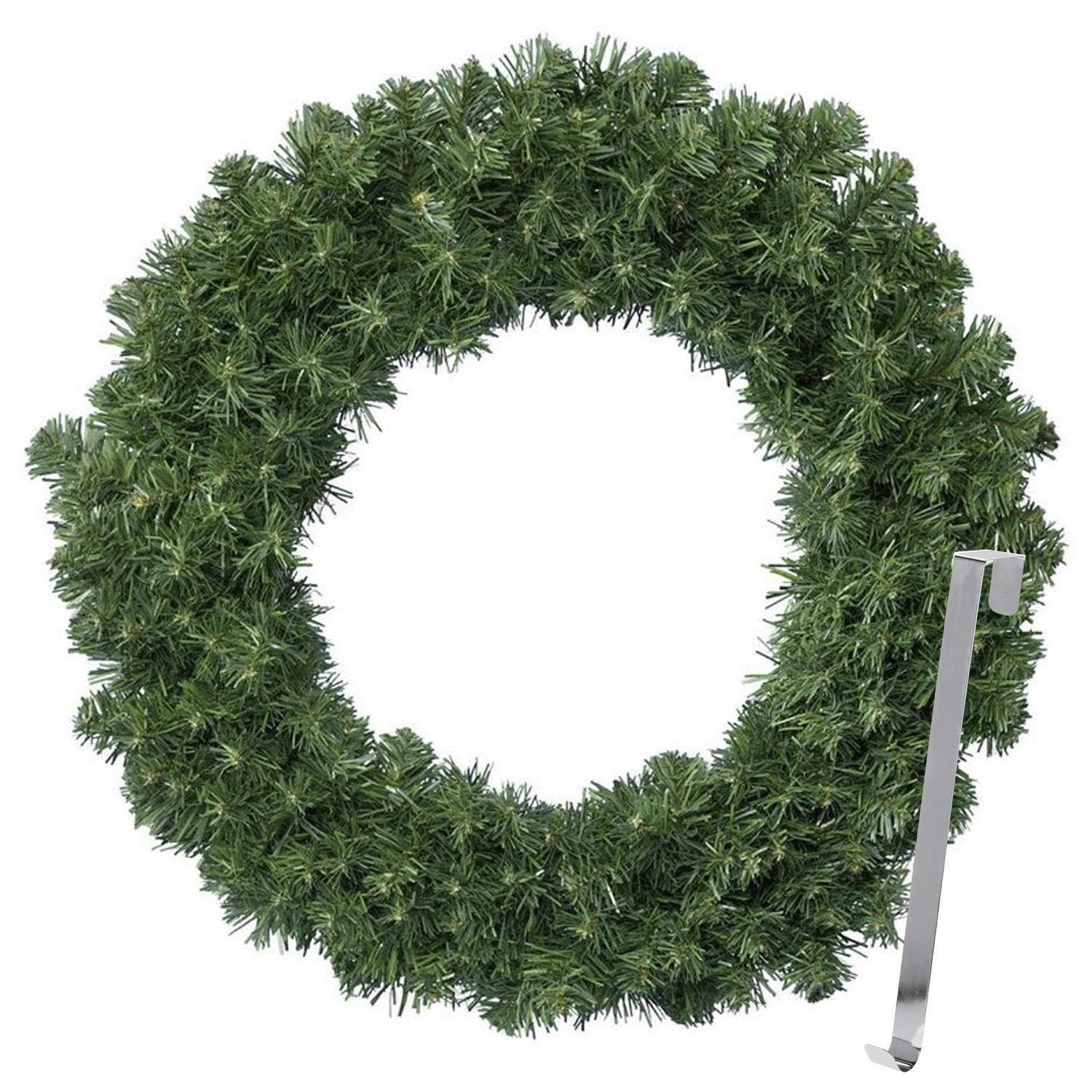 Kerstkrans 60 cm groen met zilveren hanger-ophanghaak kerstversiering Kerstkransen