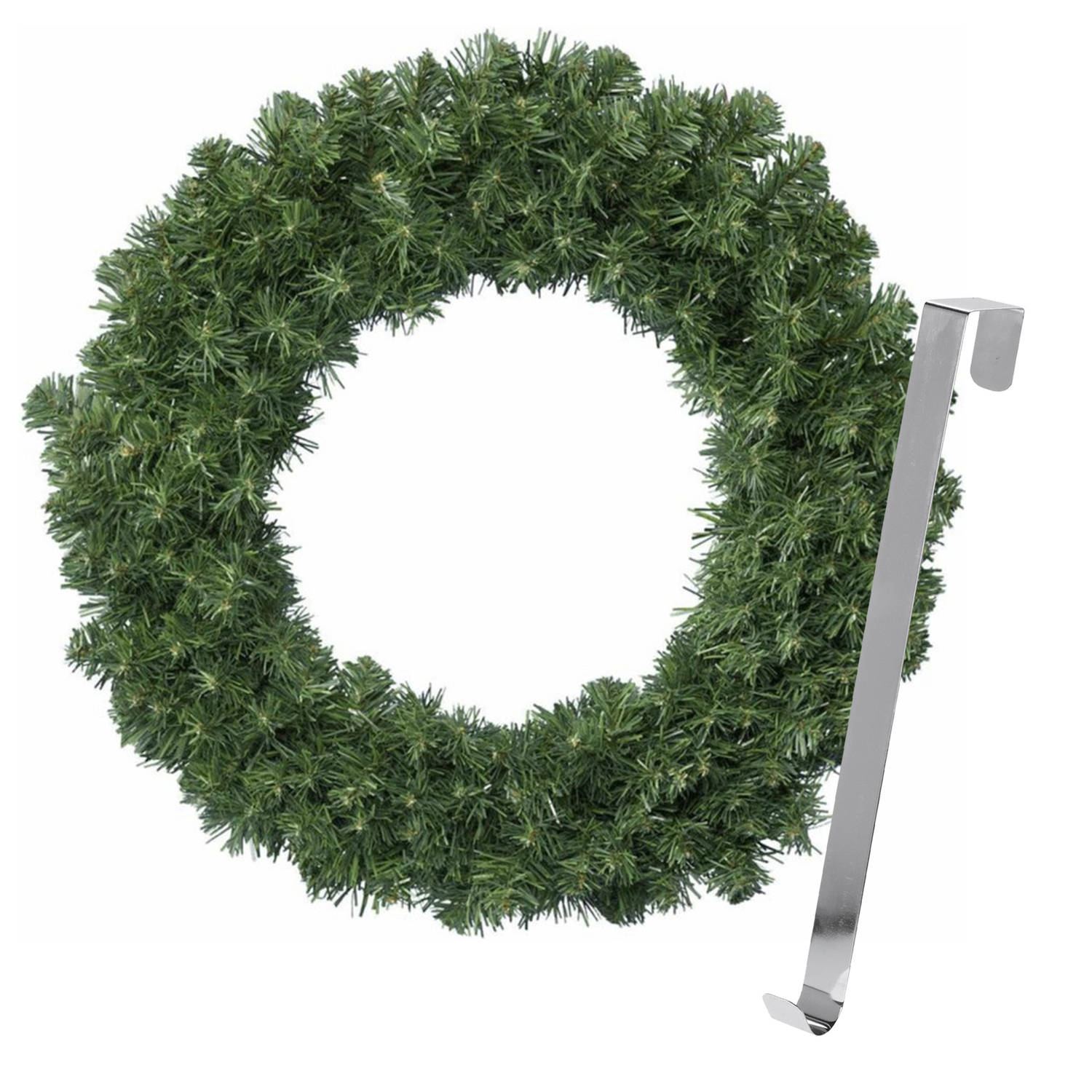 Kerstkrans 35 cm groen met zilveren hanger-ophanghaak kerstversiering Kerstkransen