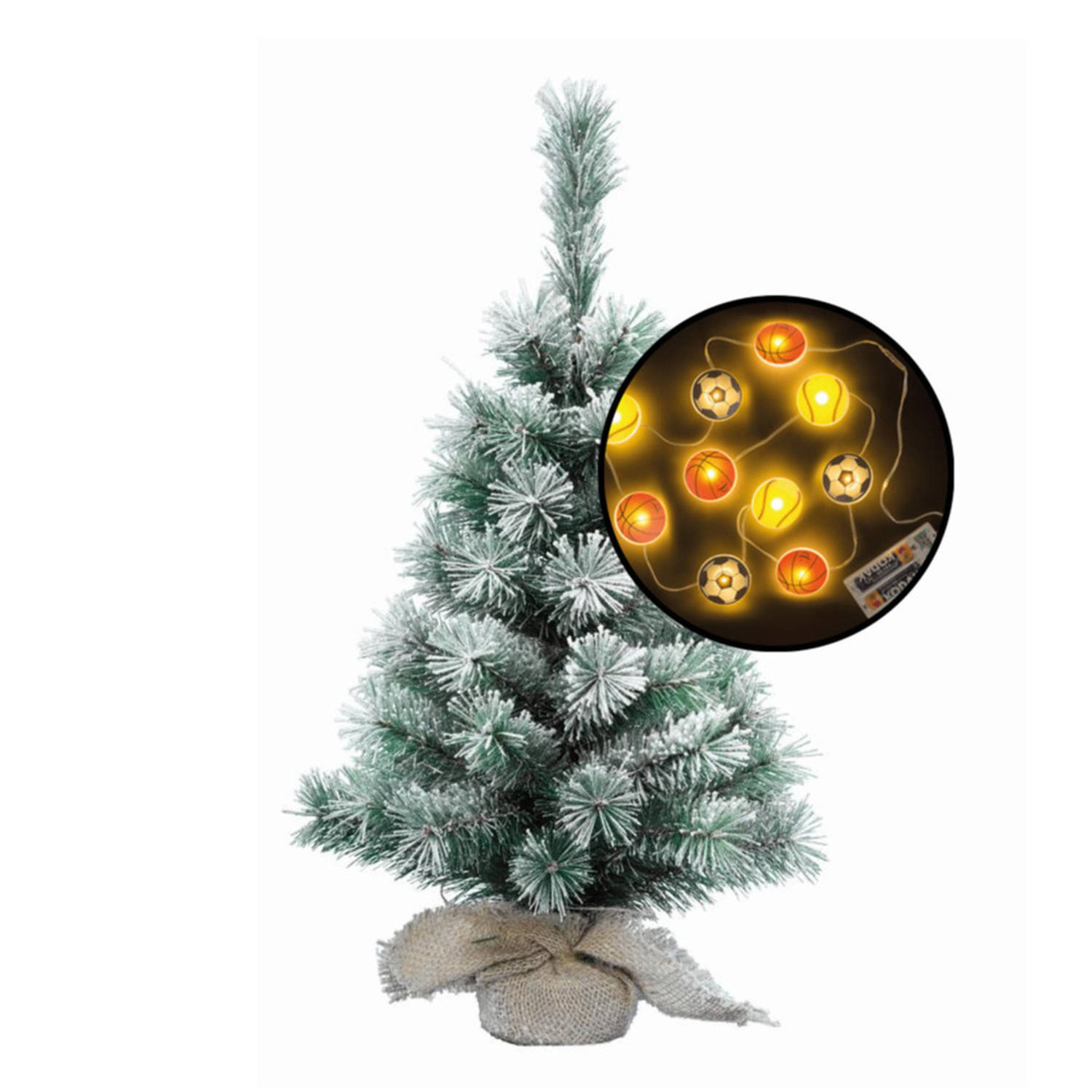 Mini kerstboom besneeuwd met sport thema verlichting H60 cm Kunstkerstboom