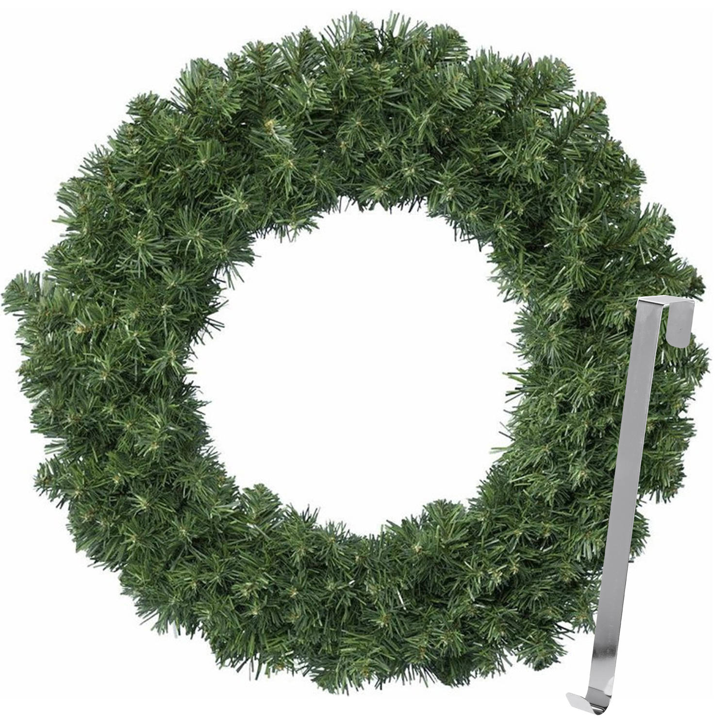 Kerstkrans 50 cm groen met zilveren hanger-ophanghaak kerstversiering Kerstkransen