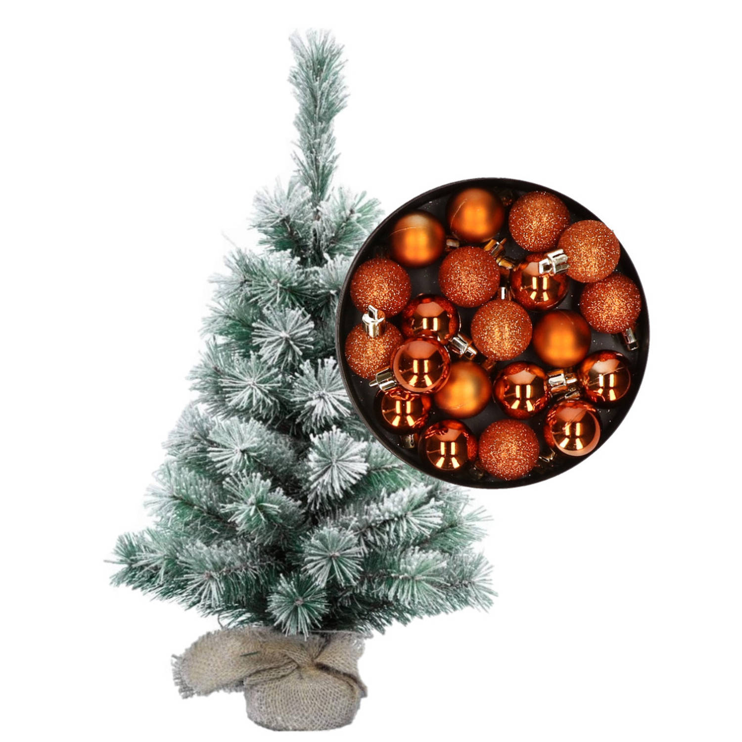 Besneeuwde mini kerstboom-kunst kerstboom 35 cm met kerstballen oranje Kunstkerstboom