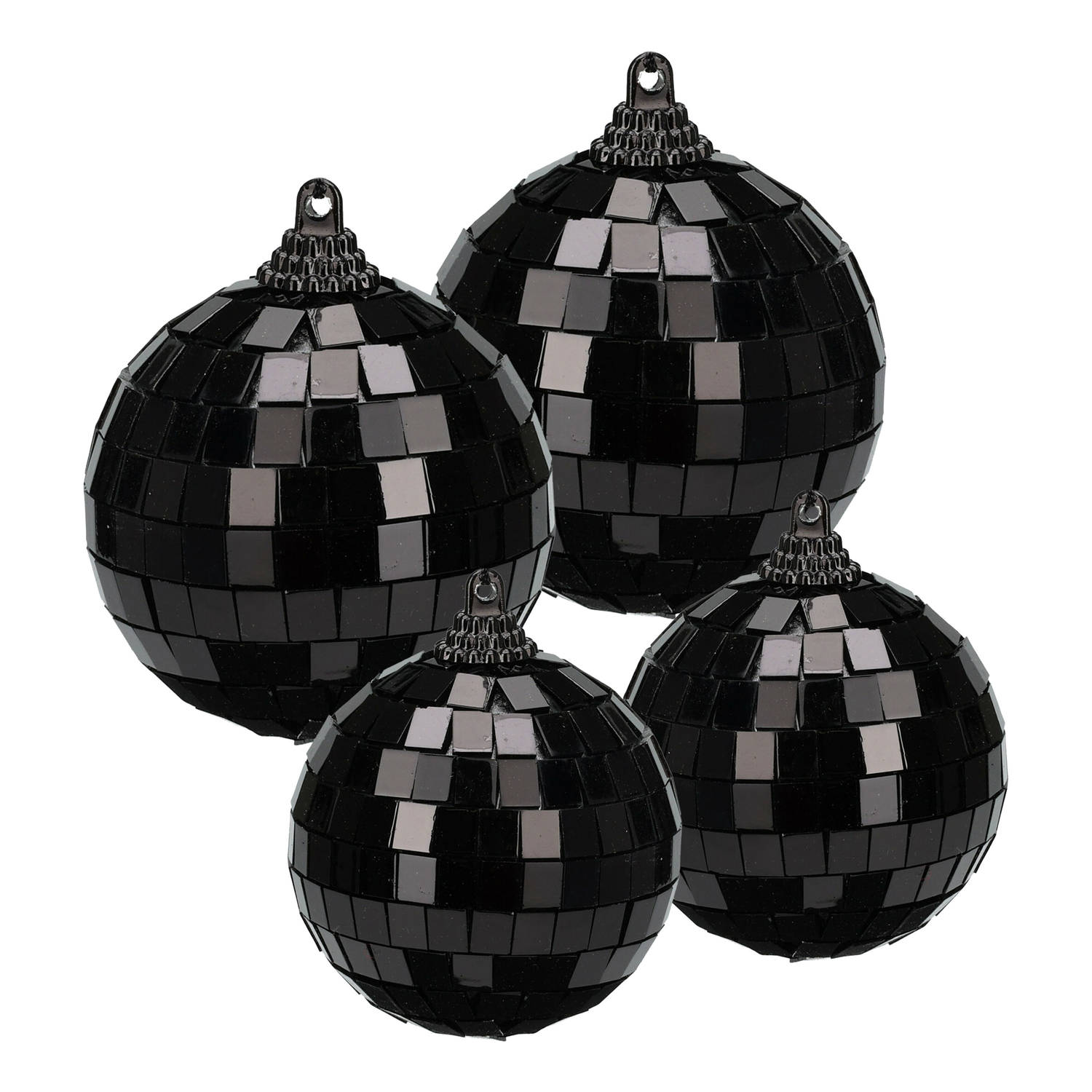 Grote discobal kerstballen 4x stuks zwart 6 en 8 cm kunststof Kerstbal
