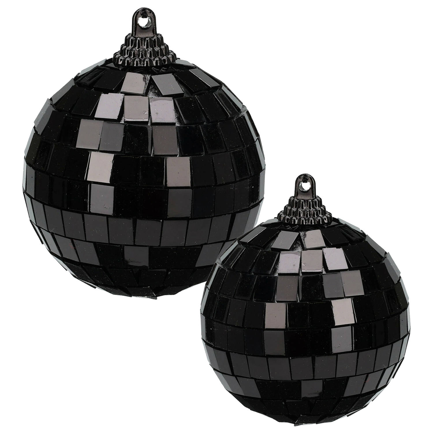 Grote discobal kerstballen 2x stuks zwart 10 en 12 cm kunststof Kerstbal