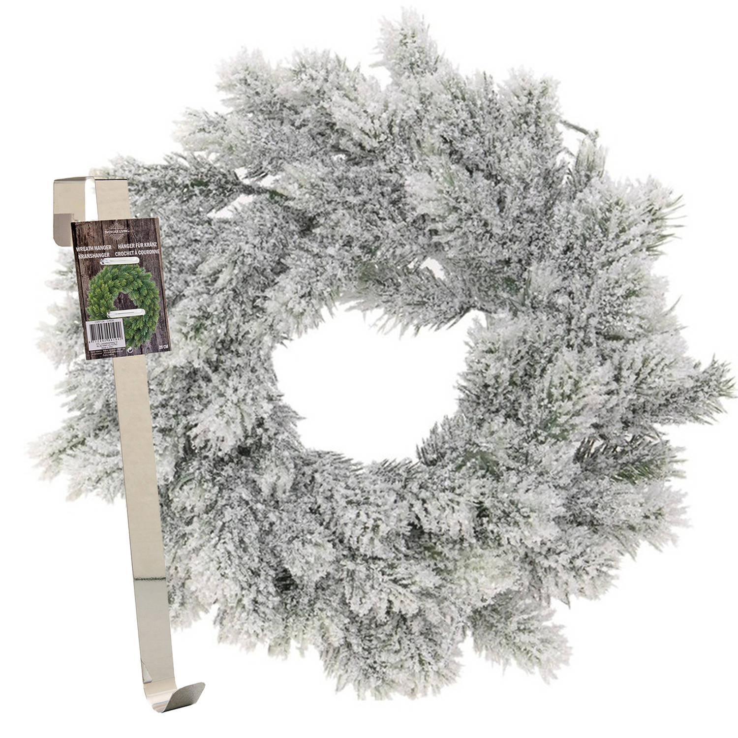 Kerstkrans 35 cm groen besneeuwd met messing zilveren hanger-ophanghaak kerstversiering Kerstkransen