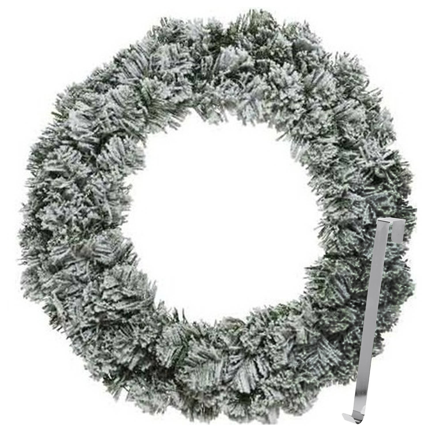 Kerstkrans 60 cm groen besneeuwd met zilveren hanger-ophanghaak kerstversiering Kerstkransen