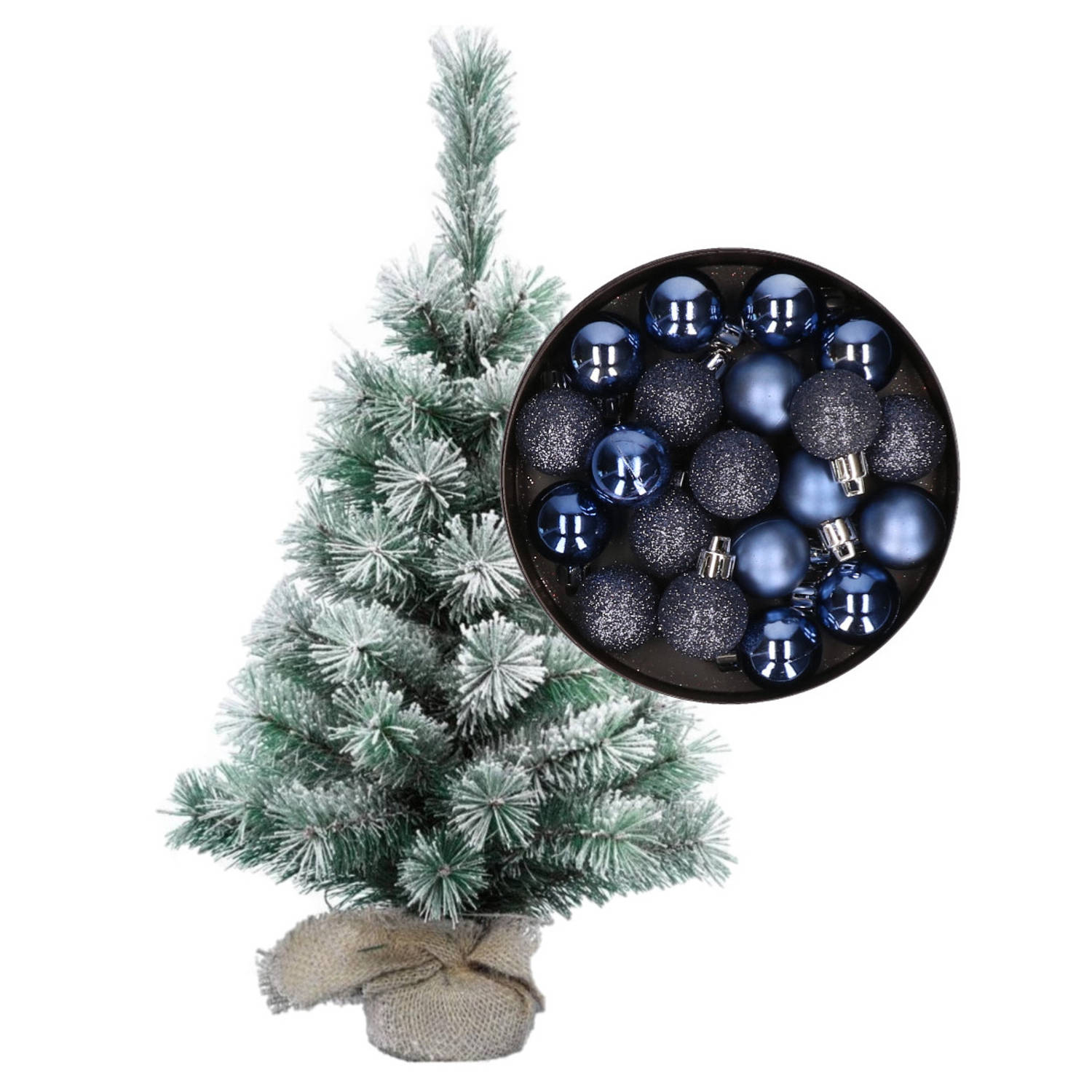 Besneeuwde mini kerstboom-kunst kerstboom 35 cm met kerstballen donkerblauw Kunstkerstboom