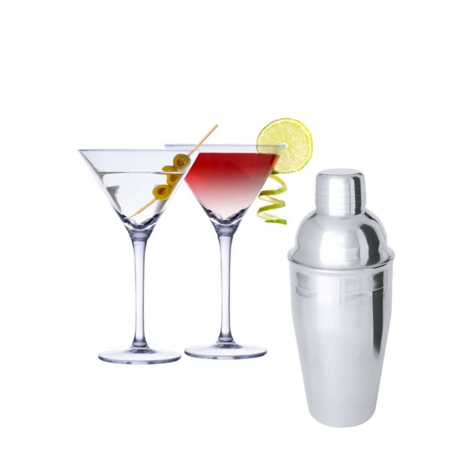 Set van 4x Martini cocktailglazen met cocktailshaker semi-mat RVS Cocktailglazen