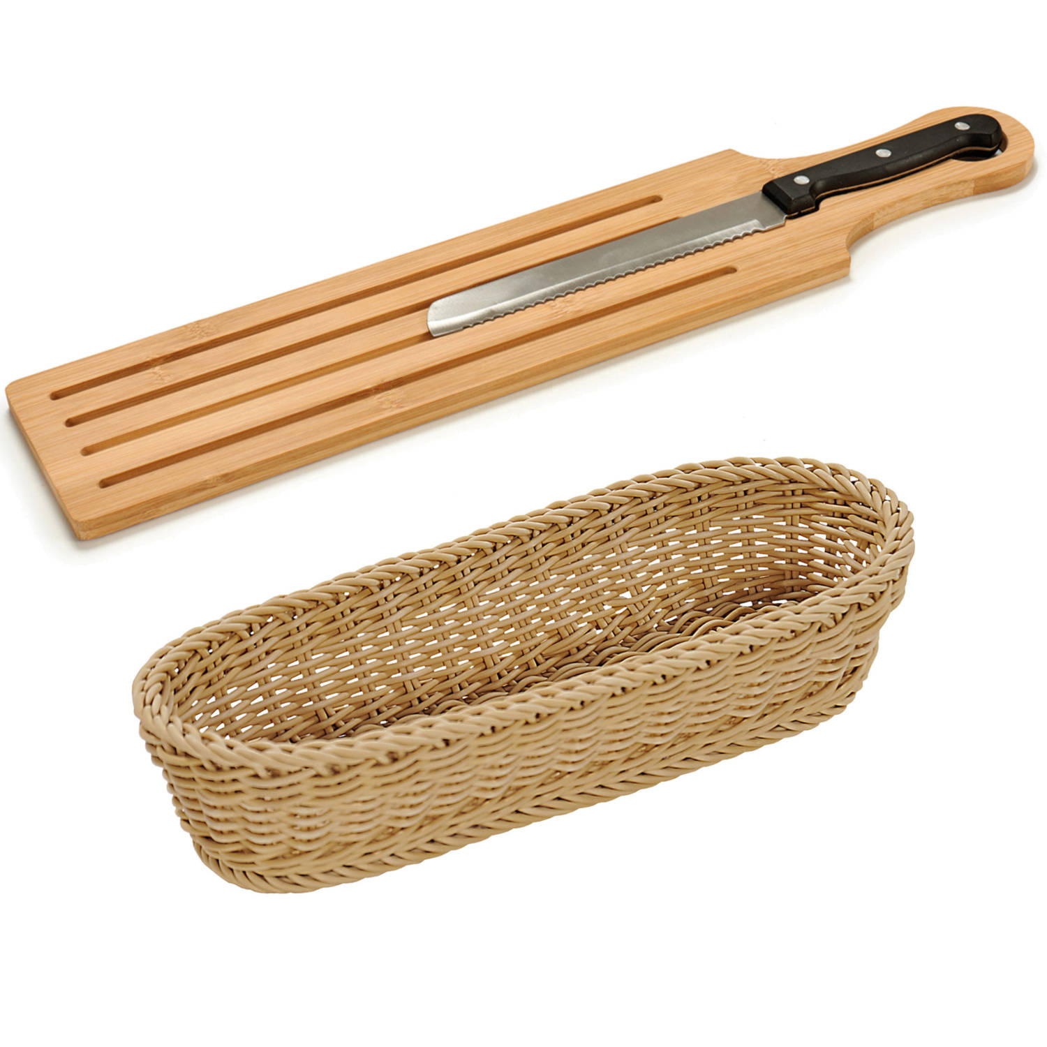 Bamboe houten broodplank-snijplank-serveerplank met broodmes 50 x 10 cm en broodmandje van 41 cm Sni