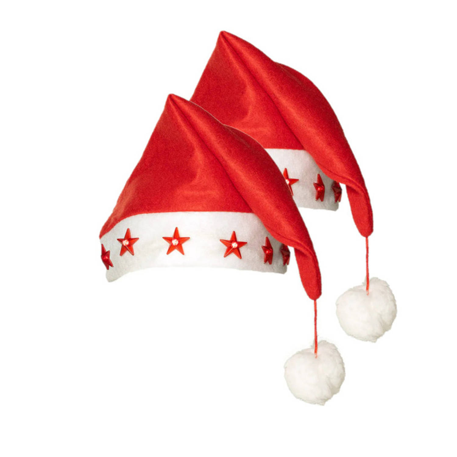 Kerstmutsen - 2x stuks - rood - met sterren lichtjes - verlichte kerstmutsen - Kerstmutsen