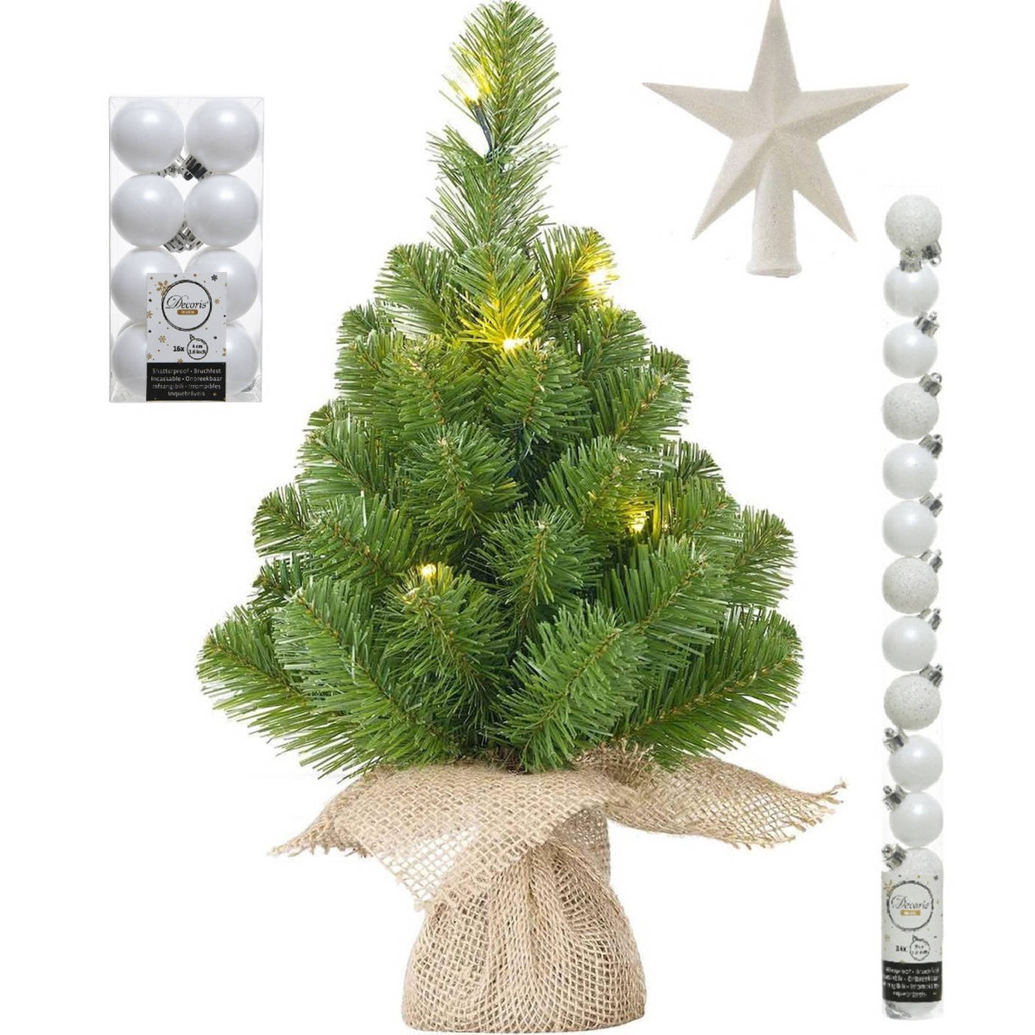 Kunst kerstboom met 15 LED lampjes 60 cm inclusief witte versiering 31-delig Kunstkerstboom