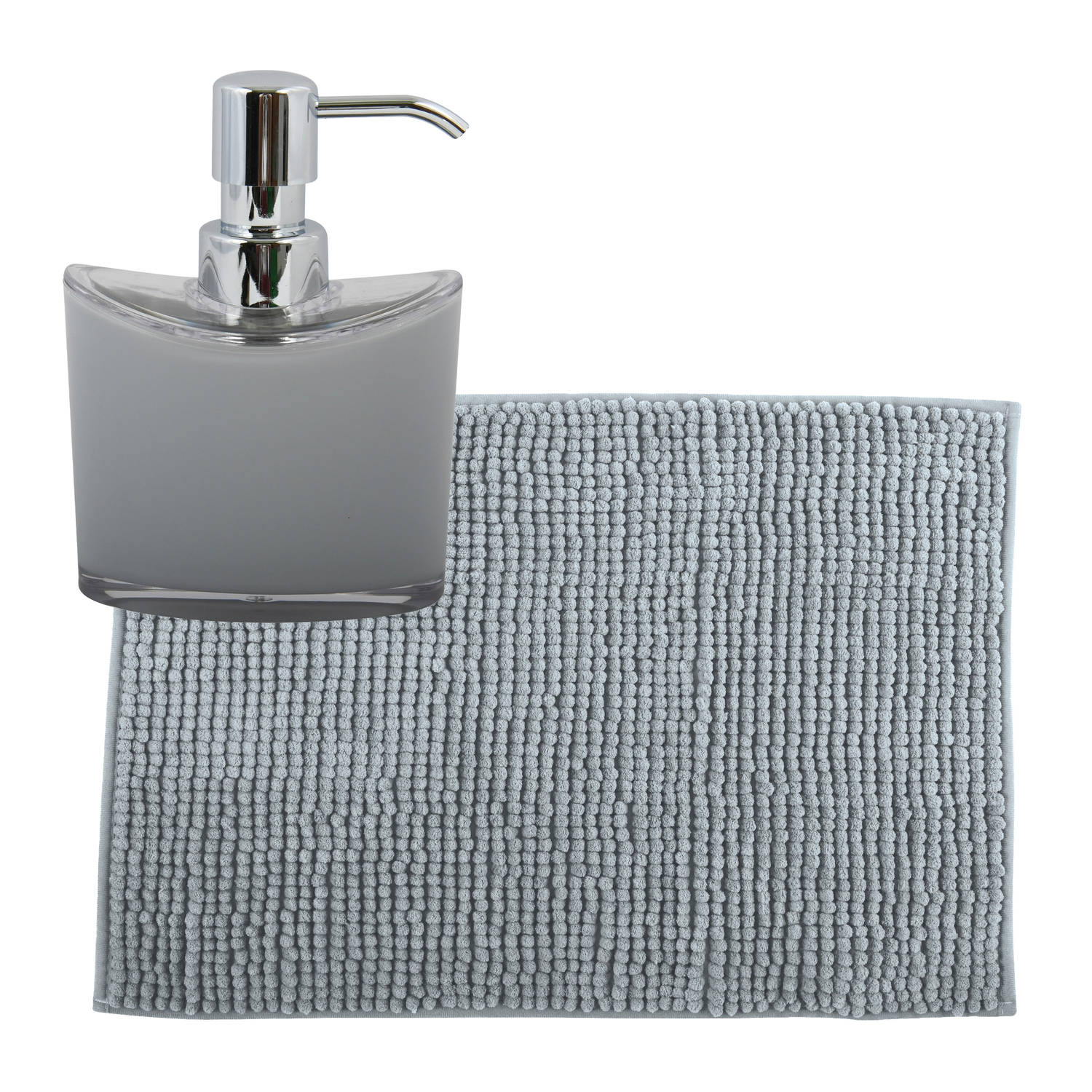 MSV badkamer droogloop mat-tapijtje 40 x 60 cm en zelfde kleur zeeppompje 260 ml lichtgrijs Badmatje