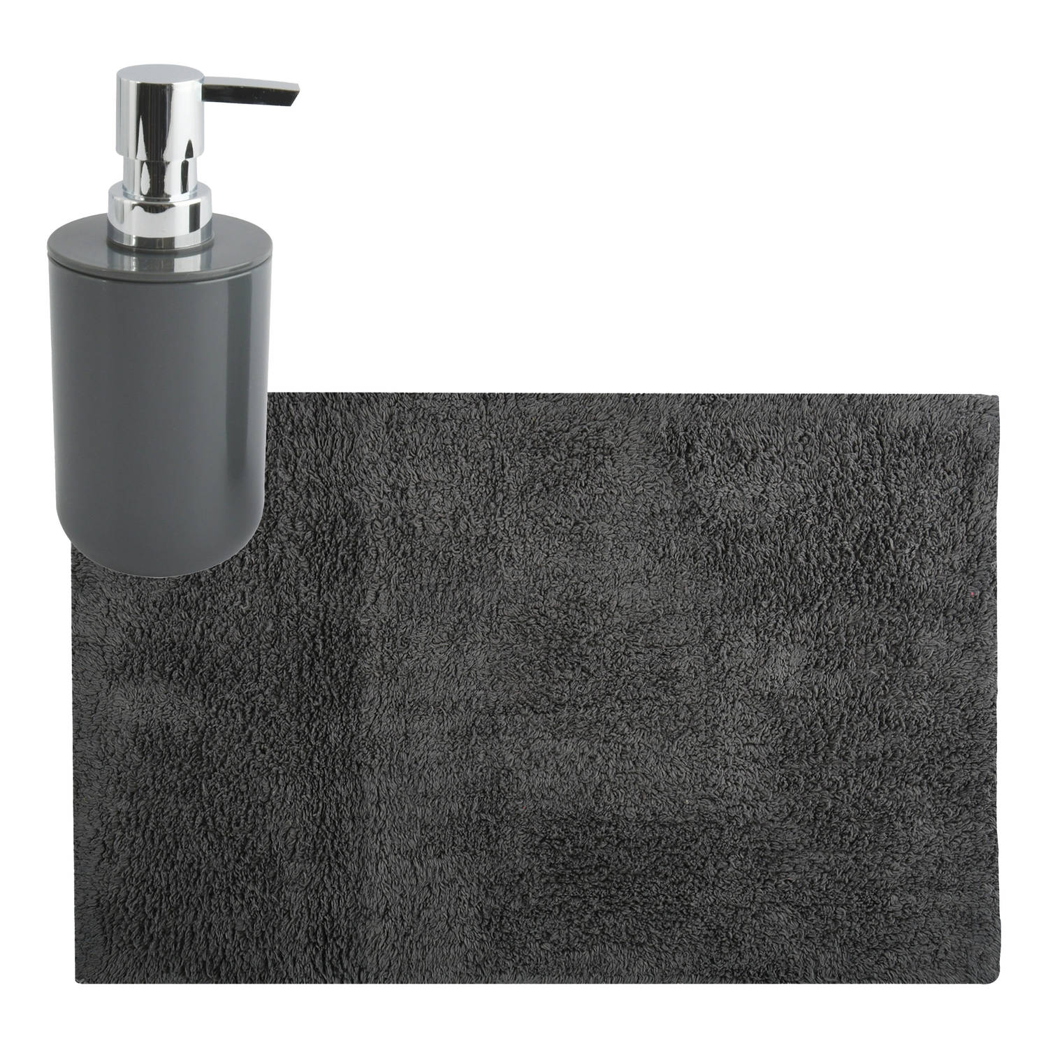 MSV badkamer droogloop mat-tapijt 40 x 60 cm met zelfde kleur zeeppompje 260 ml donkergrijs Badmatje
