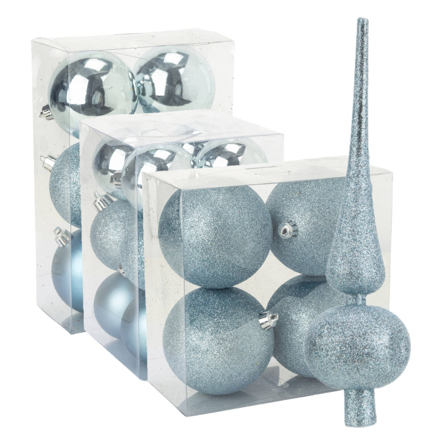 Kerstversiering set kerstballen met piek ijsblauw 6 8 10 cm pakket van 63x stuks Kerstbal