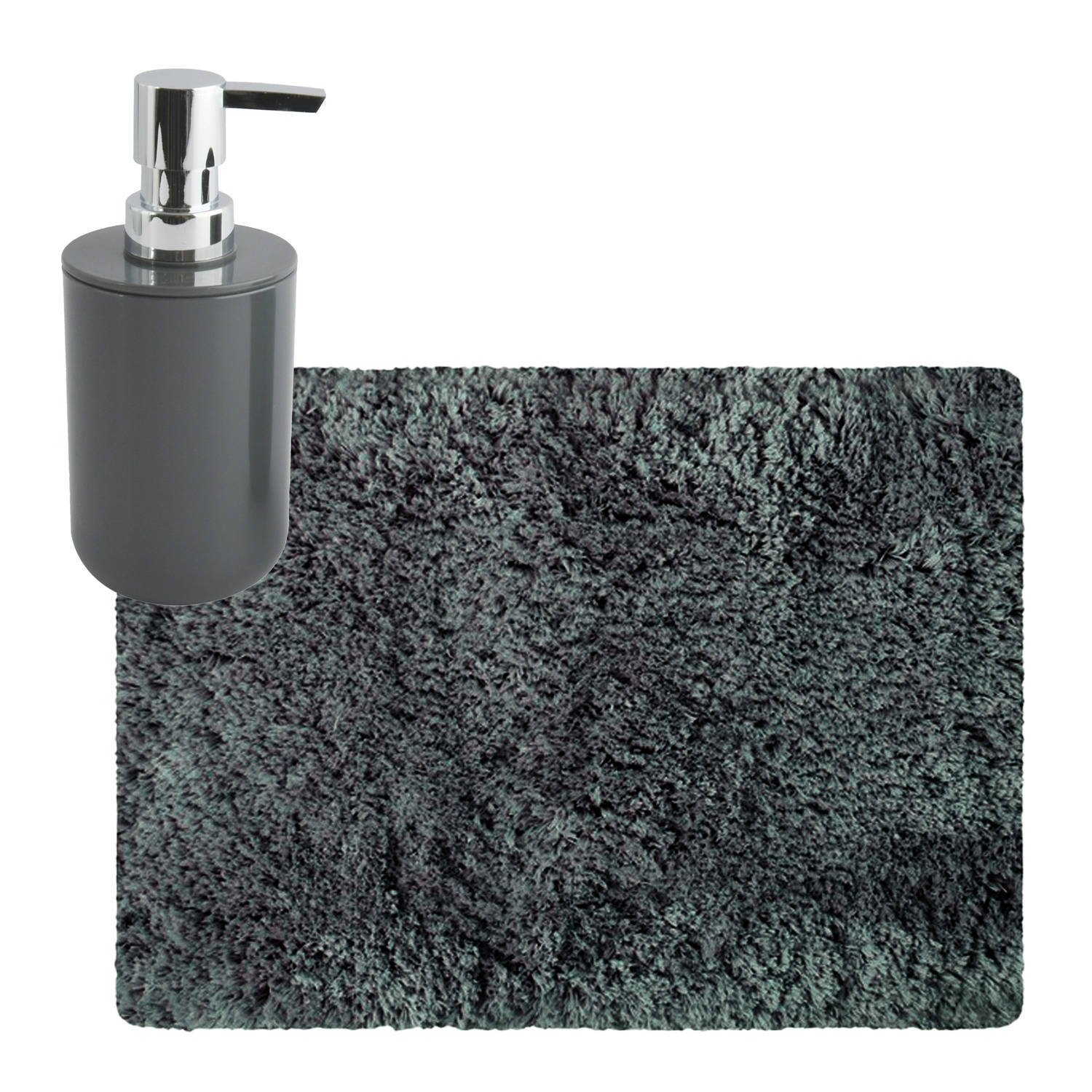 MSV badkamer droogloop tapijt Langharig 50 x 70 cm incl zeeppompje zelfde kleur donkergrijs Badmatje