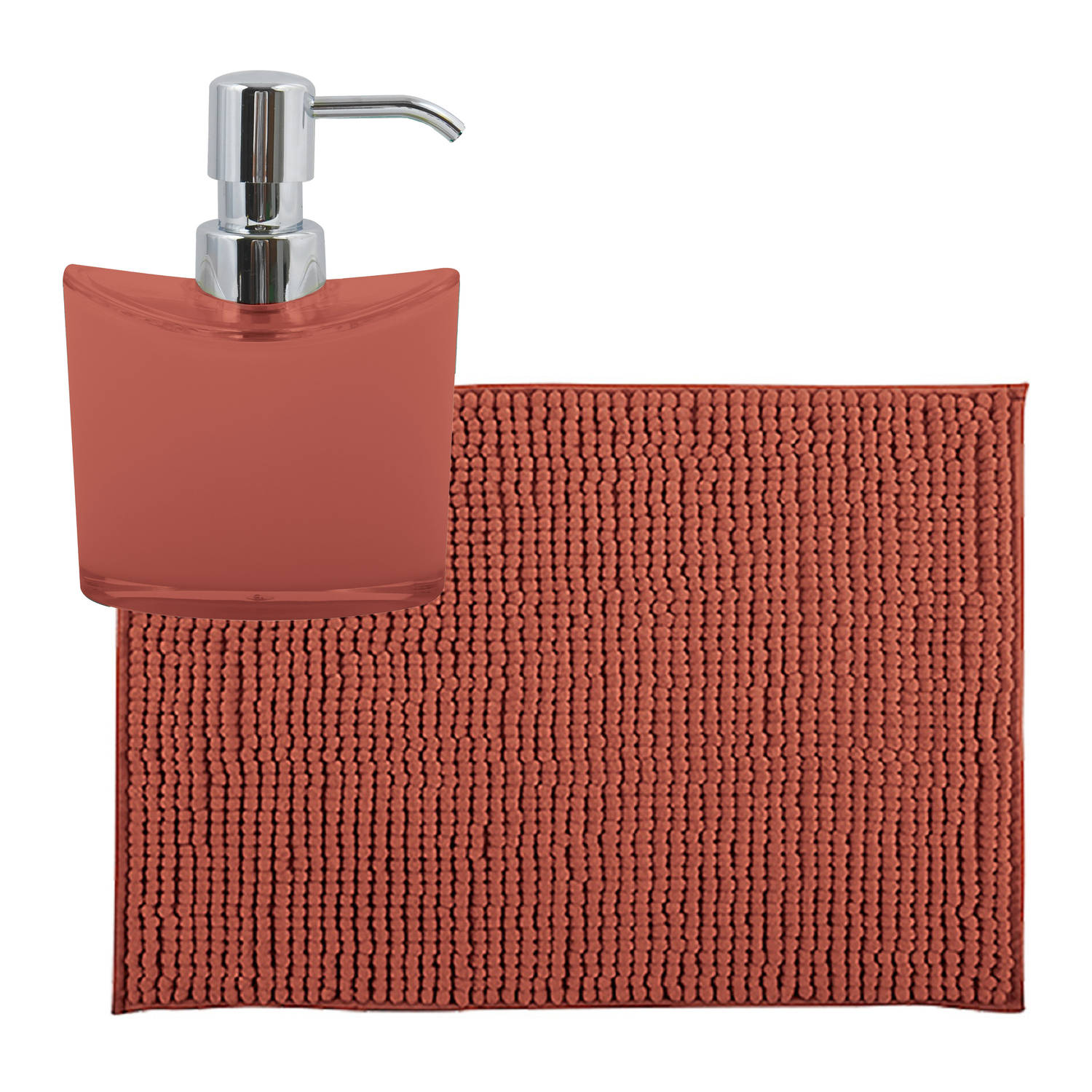 MSV badkamer droogloop mat-tapijtje 50 x 80 cm en zelfde kleur zeeppompje 260 ml terracotta Badmatje