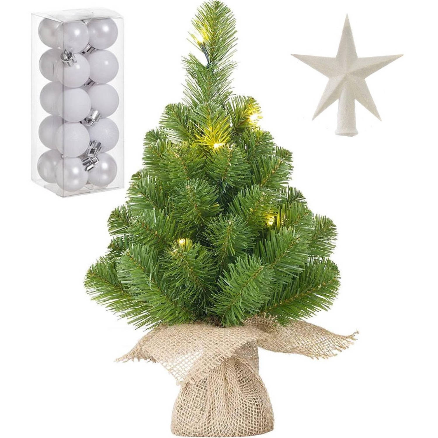 Kunst kerstboom met 10 LED lampjes 45 cm inclusief witte versiering 21-delig Kunstkerstboom