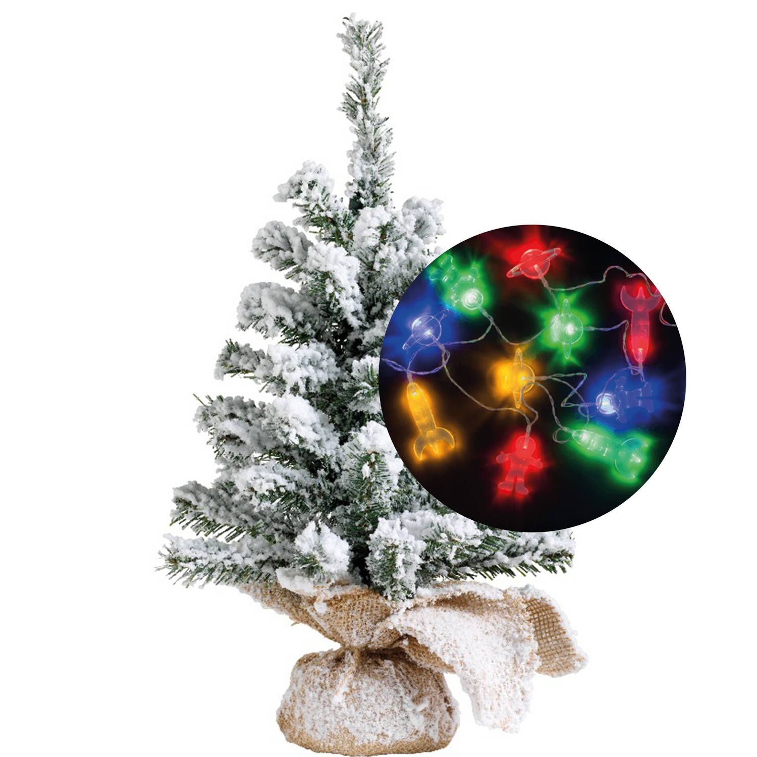 Kerstboom sneeuw 45 cm incl. ruimte-space verlichting snoer 165 cm Kunstkerstboom