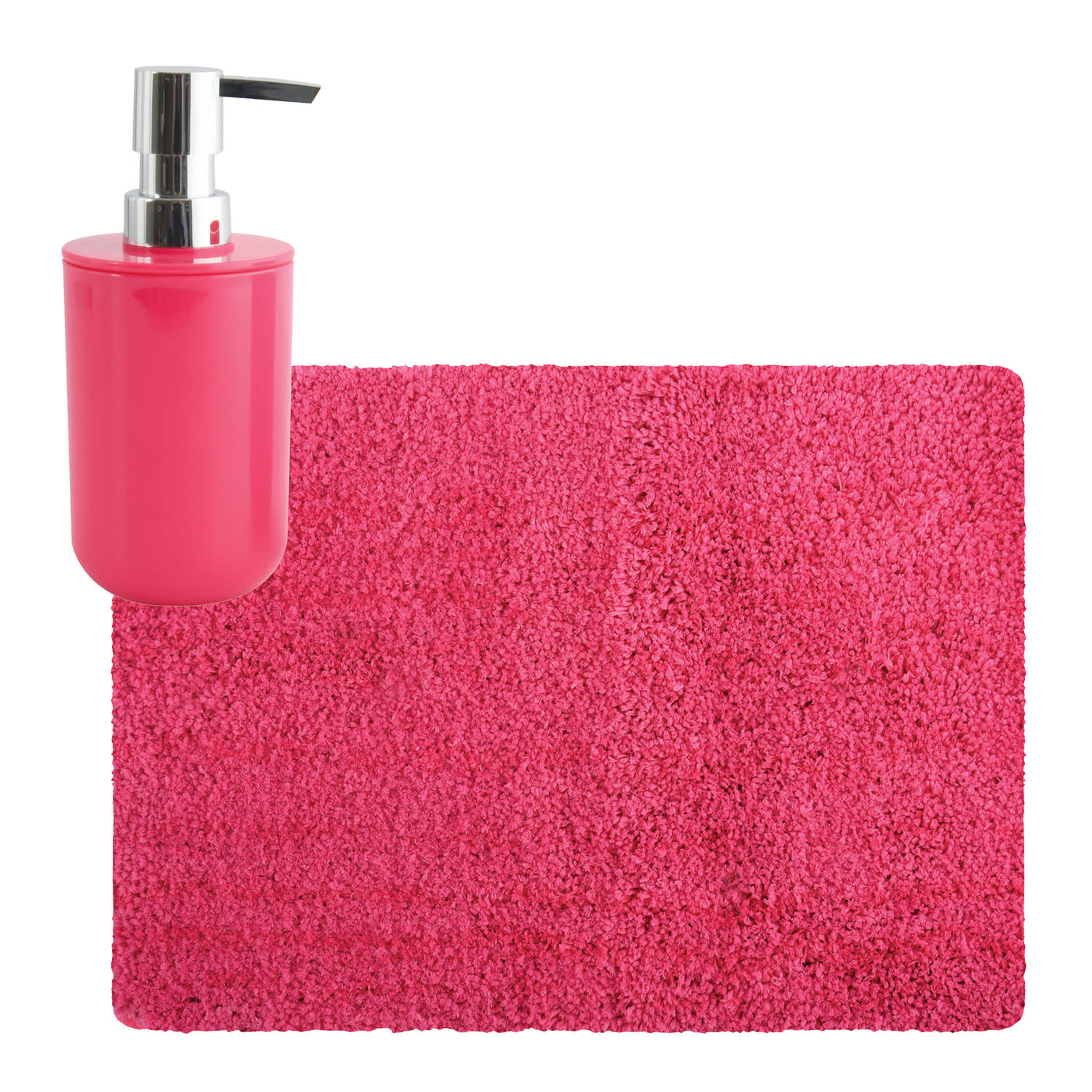 MSV badkamer droogloop tapijt Langharig 50 x 70 cm incl zeeppompje zelfde kleur fuchsia roze Badmatj