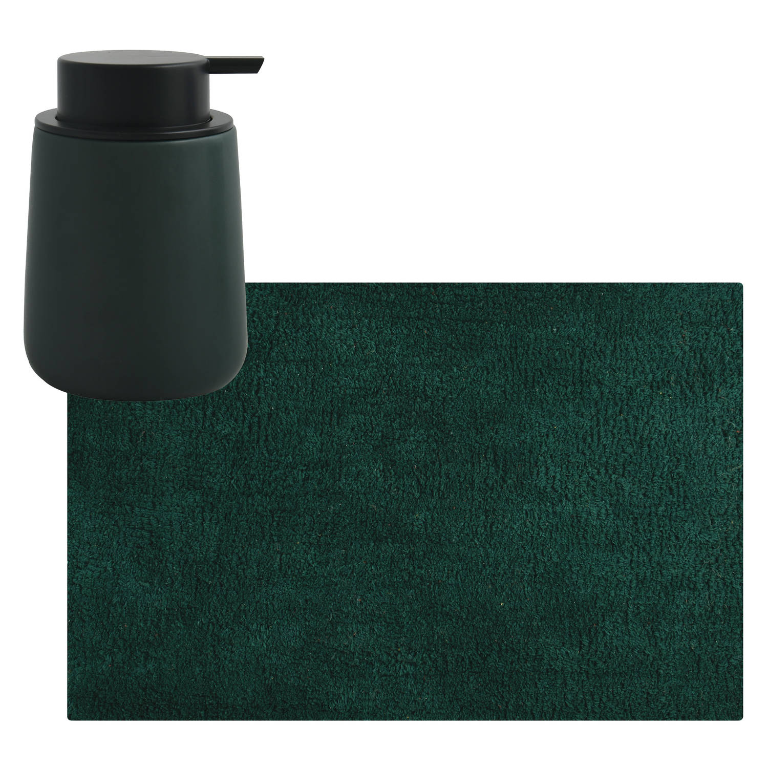 MSV badkamer droogloop mat-tapijt 40 x 60 cm met zelfde kleur zeeppompje 300 ml donkergroen Badmatje