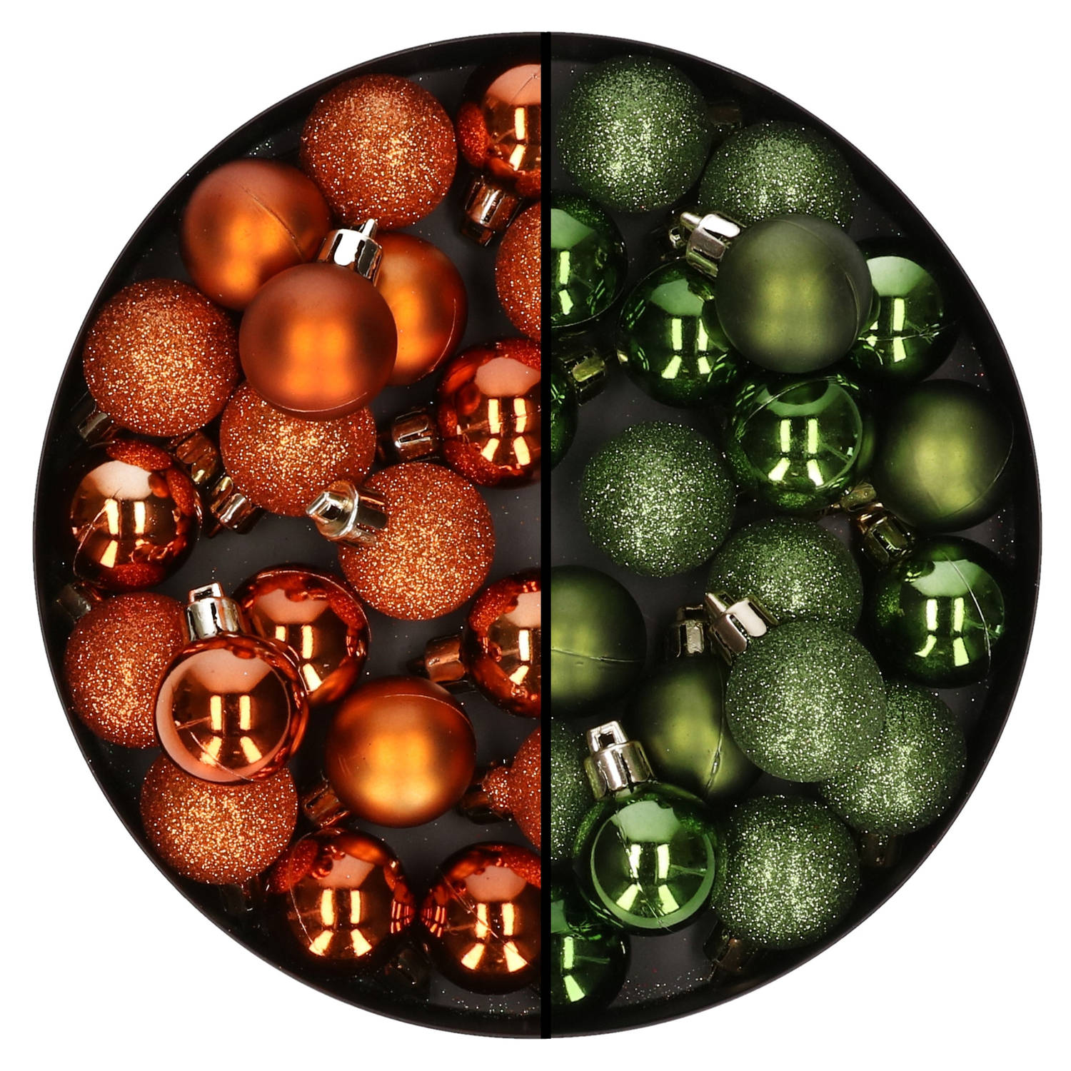Kleine kunststof kerstballen 40x stuks 3 cm in oranje en groen Kerstbal